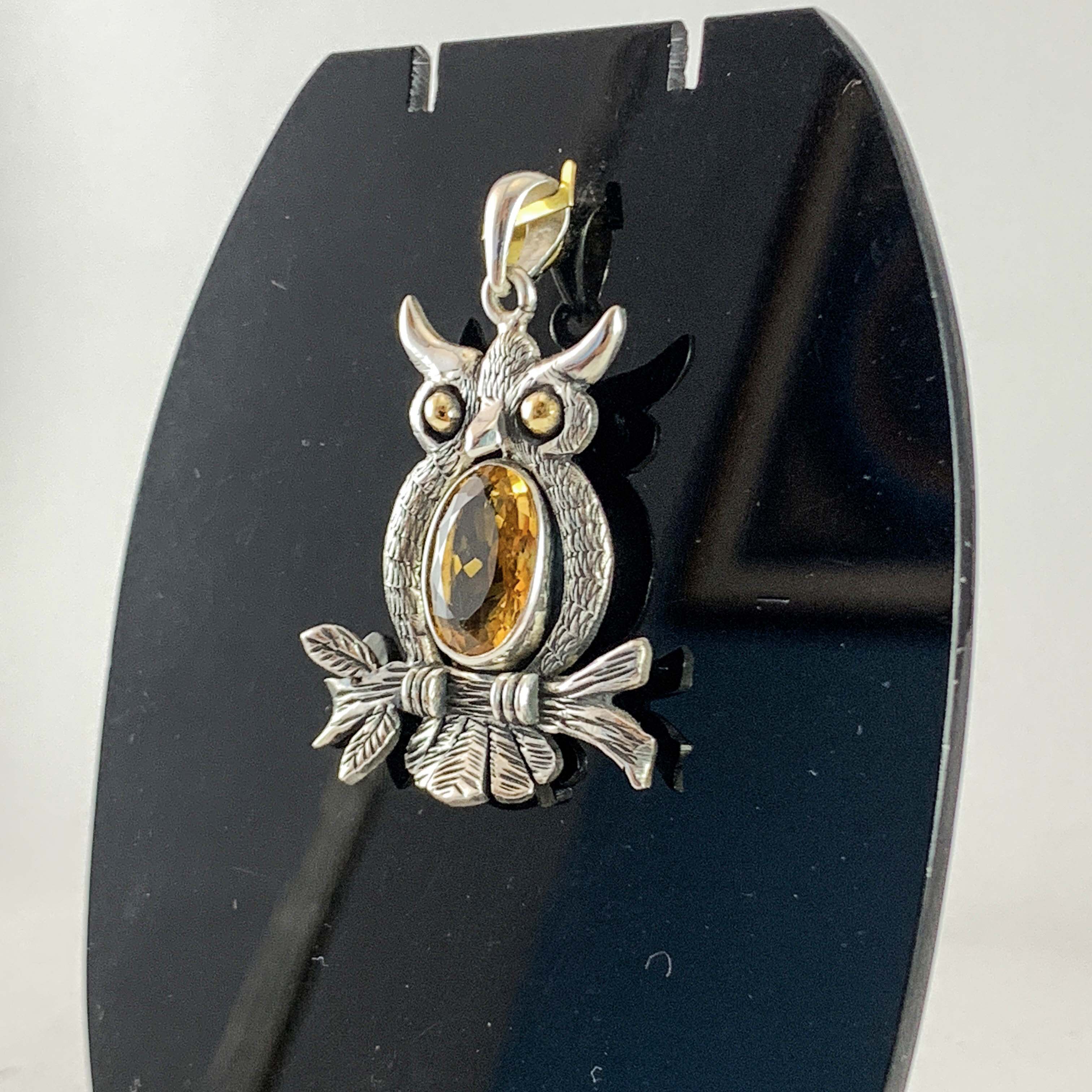 Designer Silver Citrine Owl On Branch Pendants