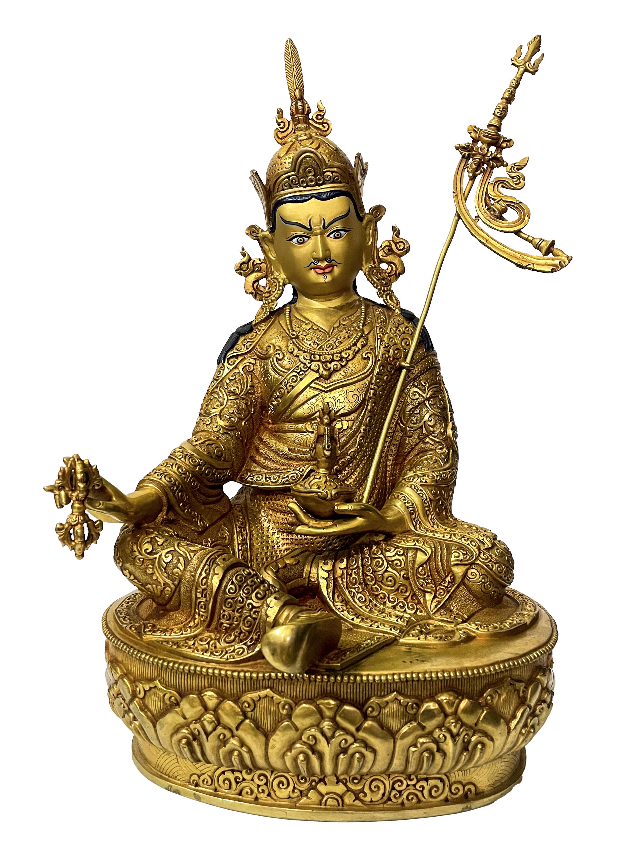 master Quality, Buddhist Statue Of Padmasambhava, full Gold Plated, Face Painted