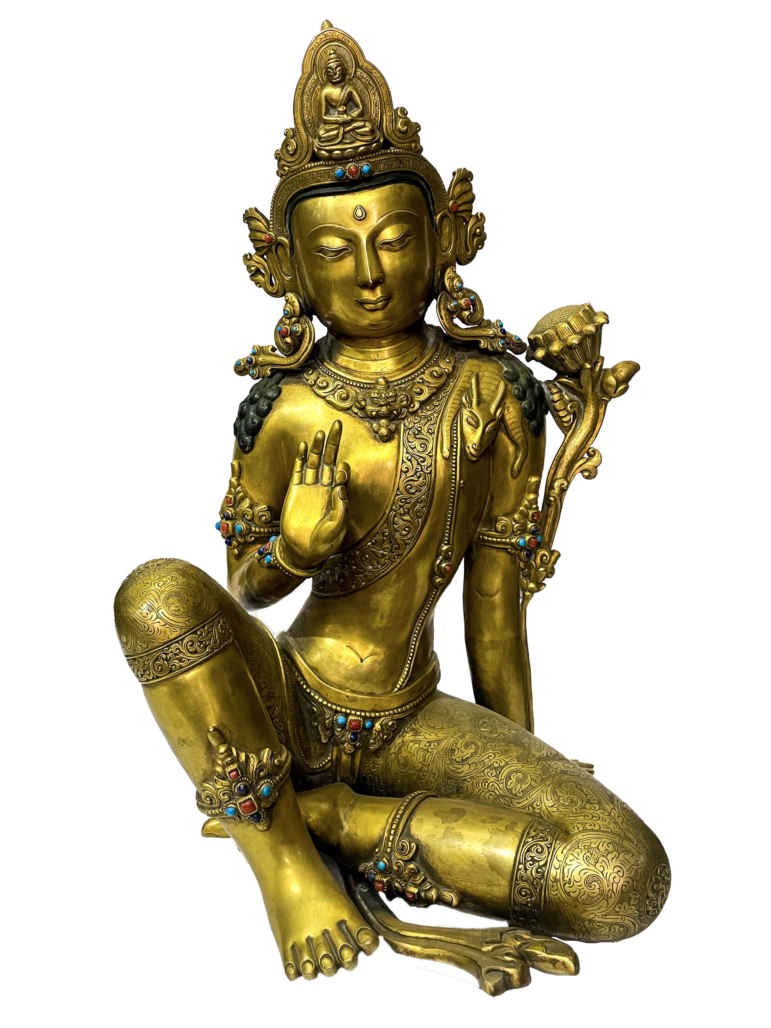 master Quality, Buddhist Statue Of Bodhisattva, Amitabha Buddha On Crown, full Gold Plated, Stone Setting, rare Find