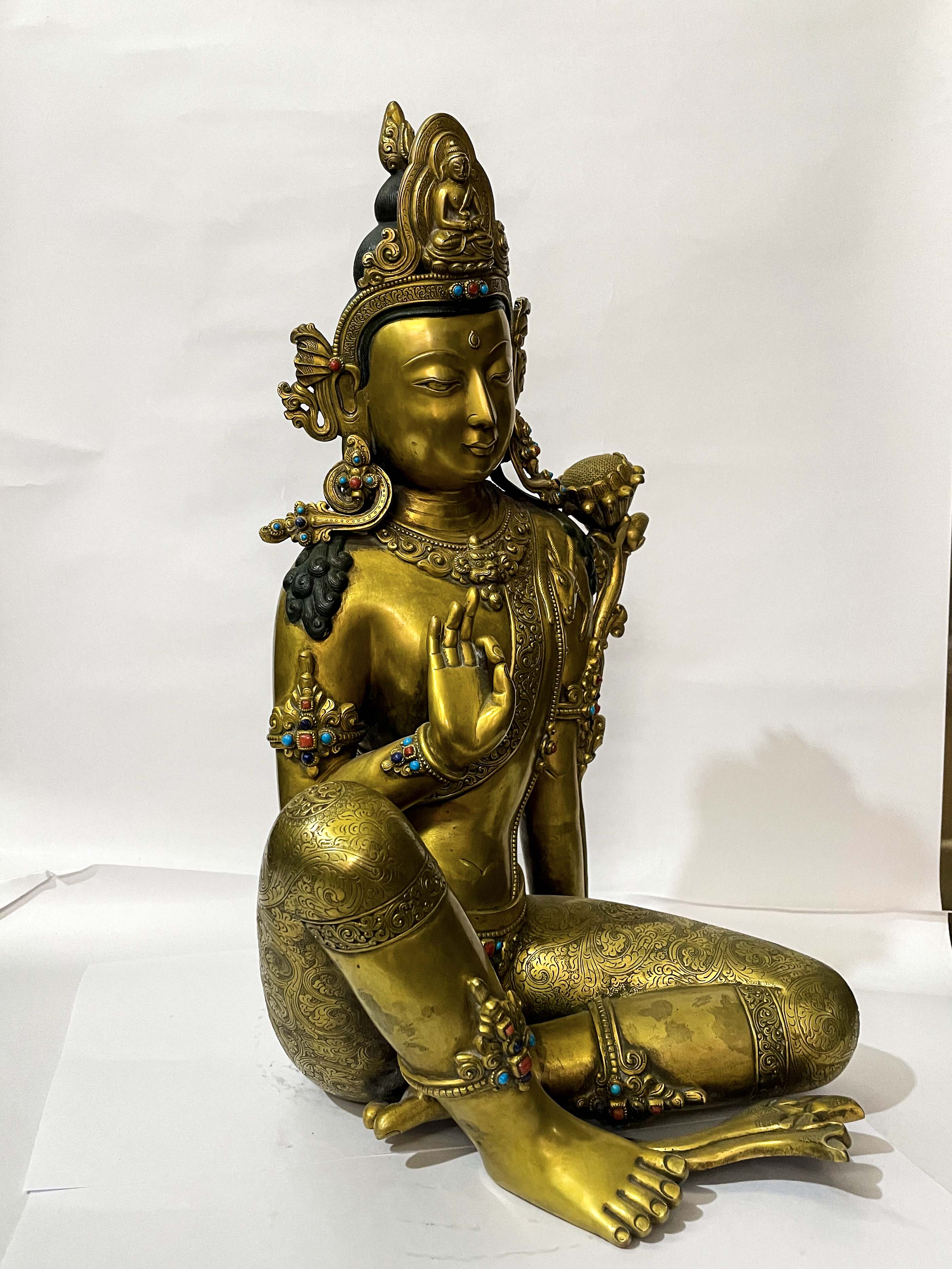 master Quality, Buddhist Statue Of Bodhisattva, Amitabha Buddha On Crown, full Gold Plated, Stone Setting, rare Find