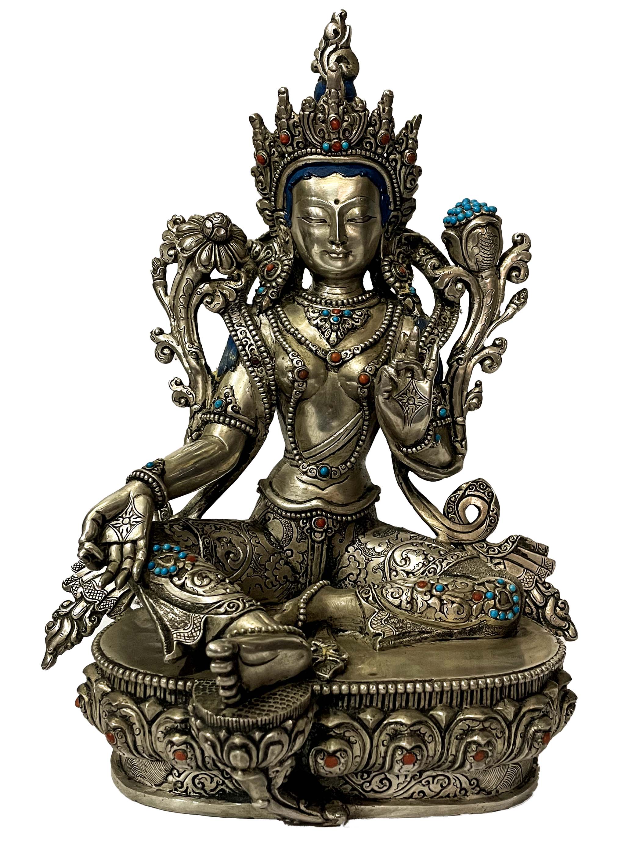 master Quality, Buddhist Statue Of Green Tara, silver Statue Stone Setting, rare Find