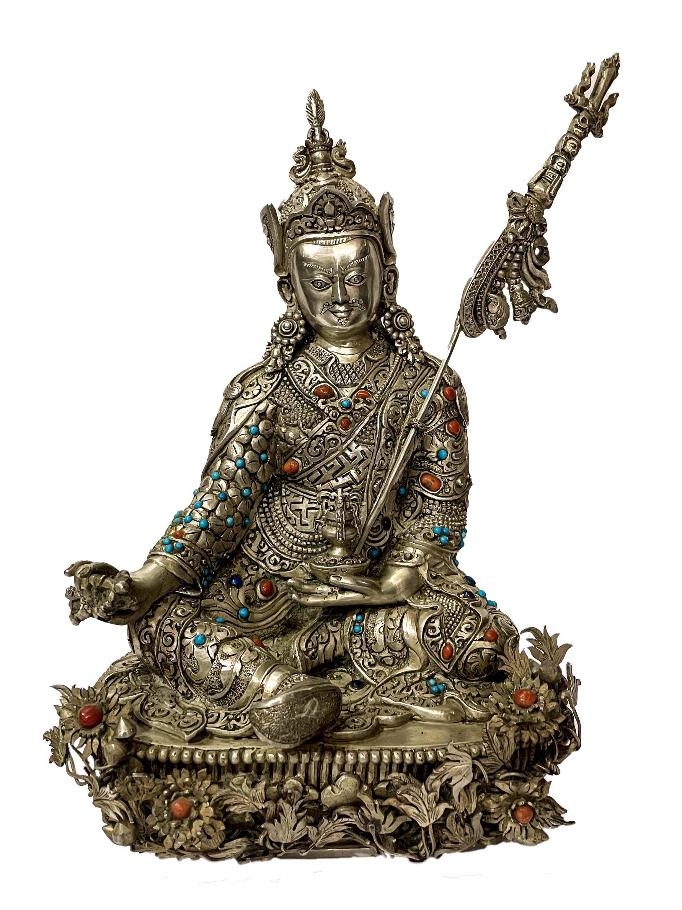 master Quality, Buddhist Statue Of Padmasambhava, full Silver Statue, Stone Setting, rare Find