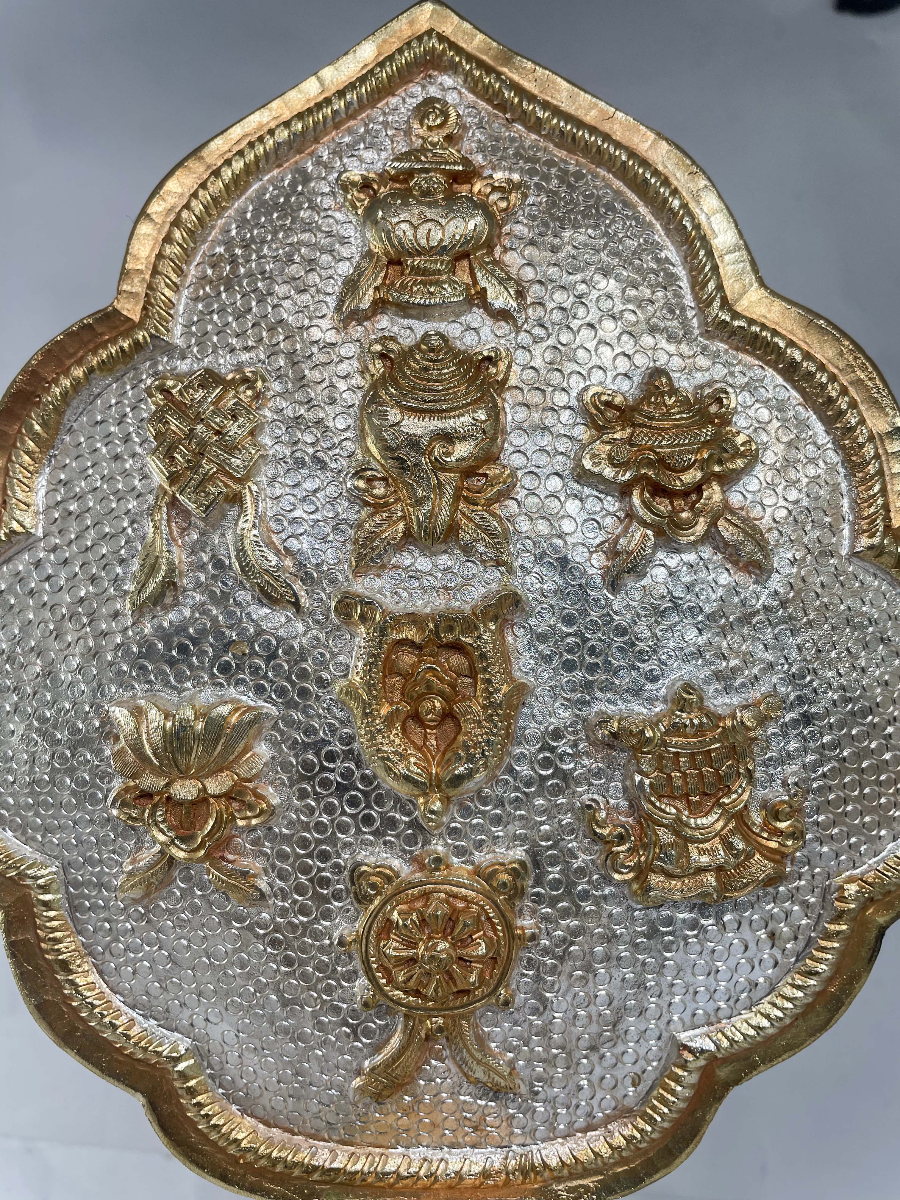 Buddhist Offering Of Ashtamangala, gold And Silver Plated With Fine Carving