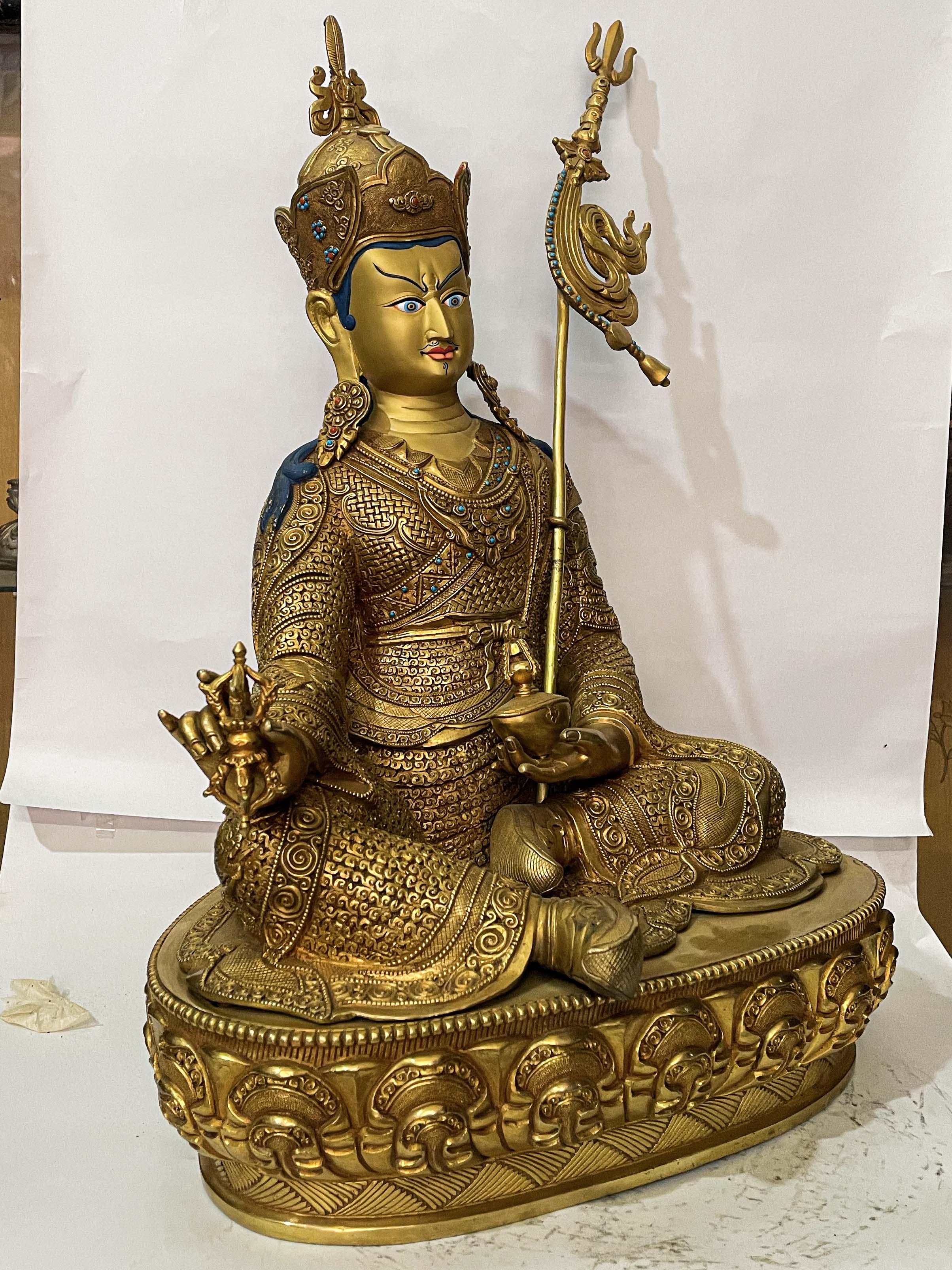 master Quality, Buddhist Statue Of Padmasambhava, full Gold Plated, Face Painted