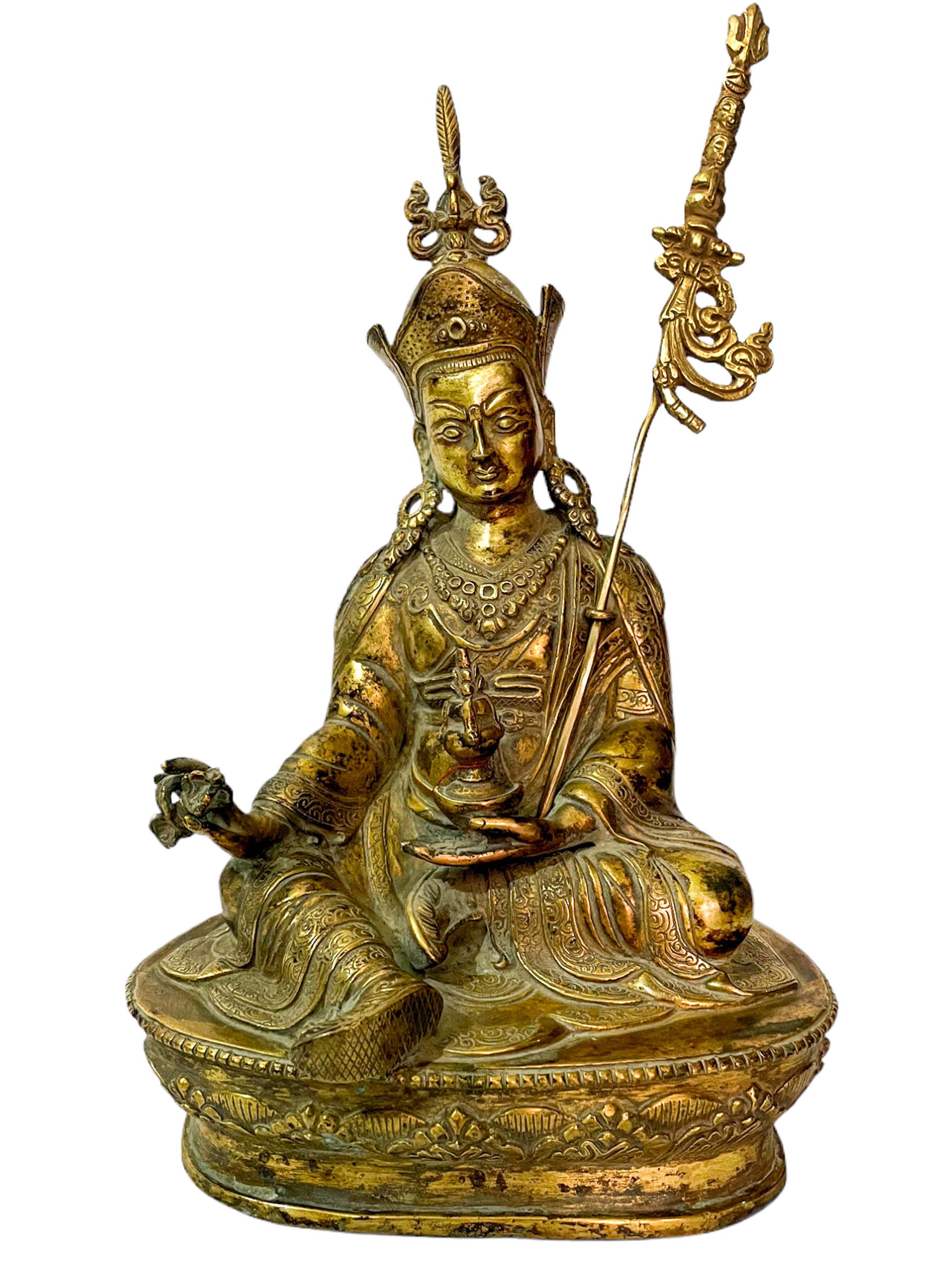 Buddhist Statue Of Padmasambhava, gold Plated, Antique