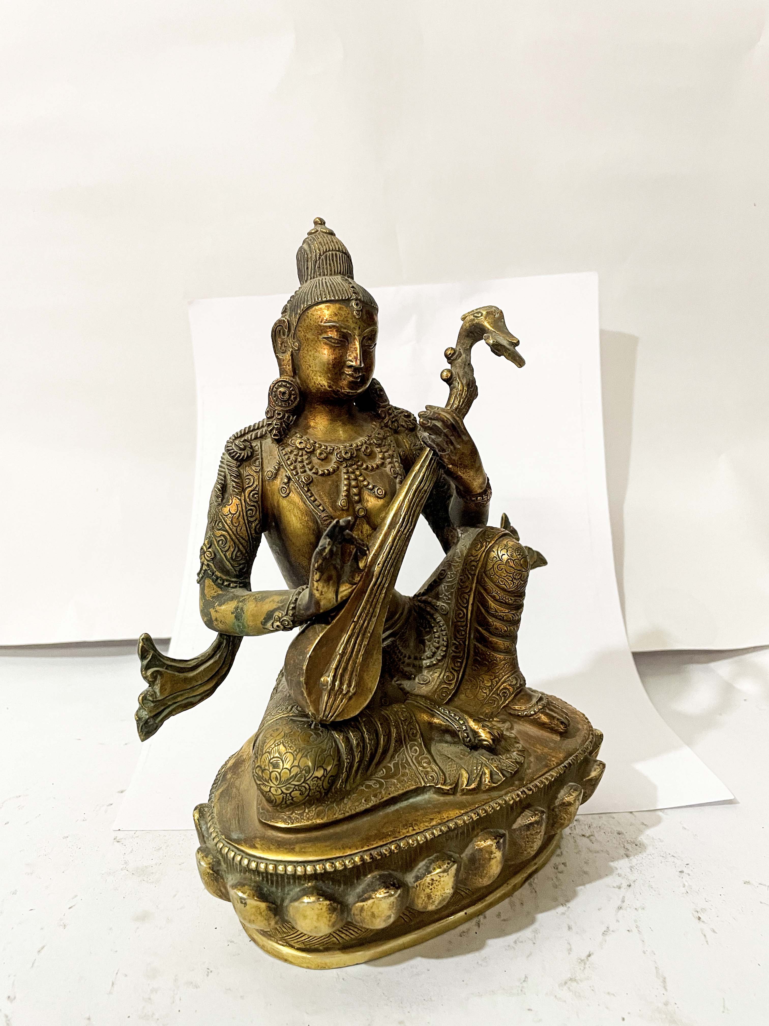 master Quality, Hq, Buddhist Statue Of Saraswati, gold Plated, Antique