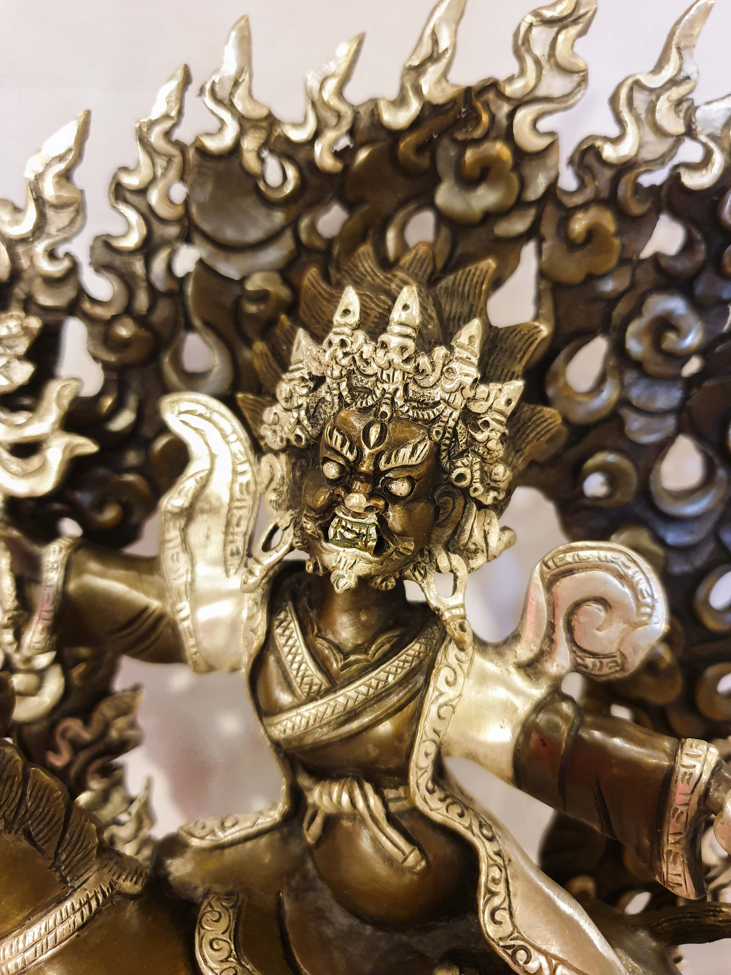 Buddhist Statue Of Tibetan Protector Deities, silver And Chocolate Oxidized