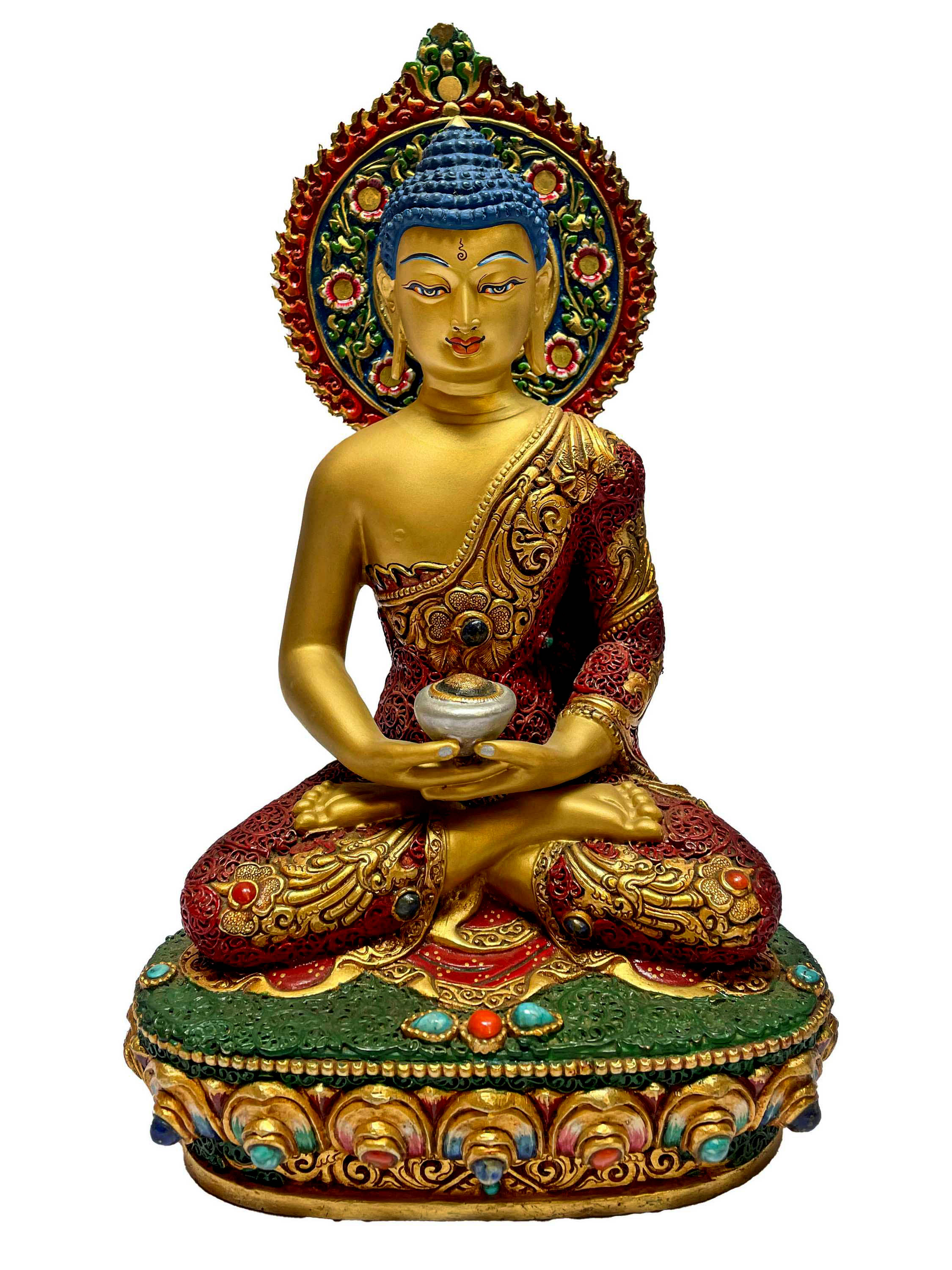Buddhist Statue Of Three Buddha Set, With Shakyamuni Buddha, Amitabha Buddha And Medicine Buddha, face Painted, Stone Setting, Partly Gold Plated