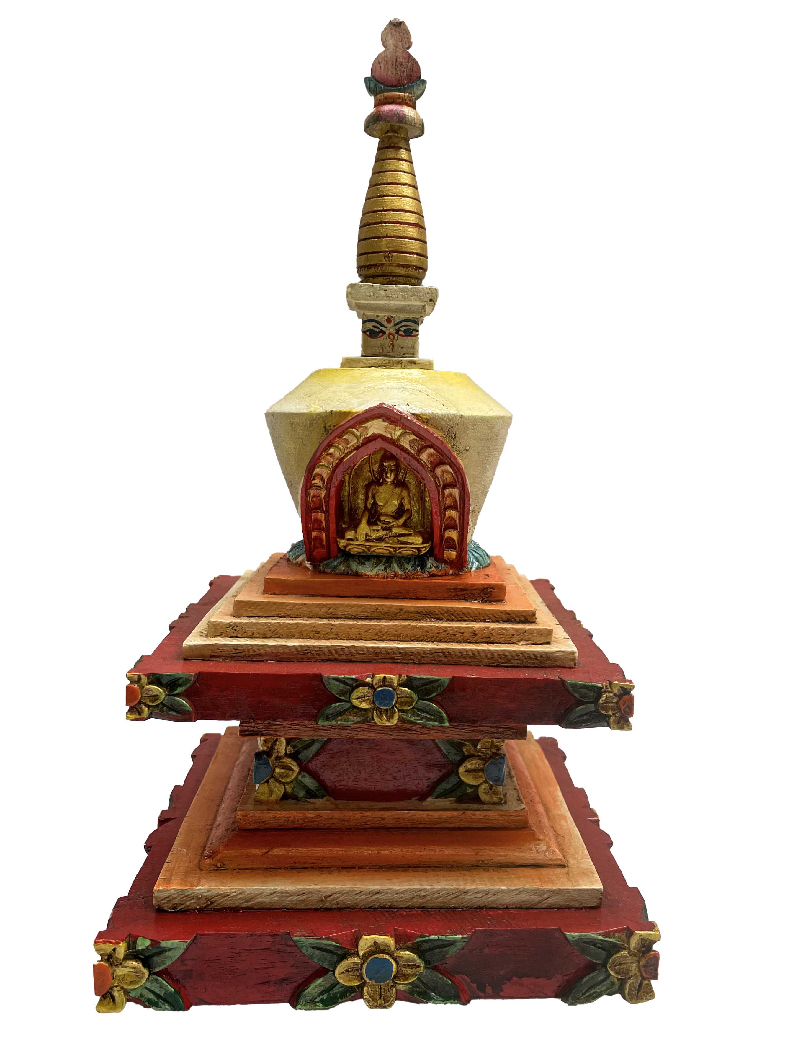Buddhist Wooden Statue Of Stupa, With Shakyamuni Buddha, traditional Color Finishing