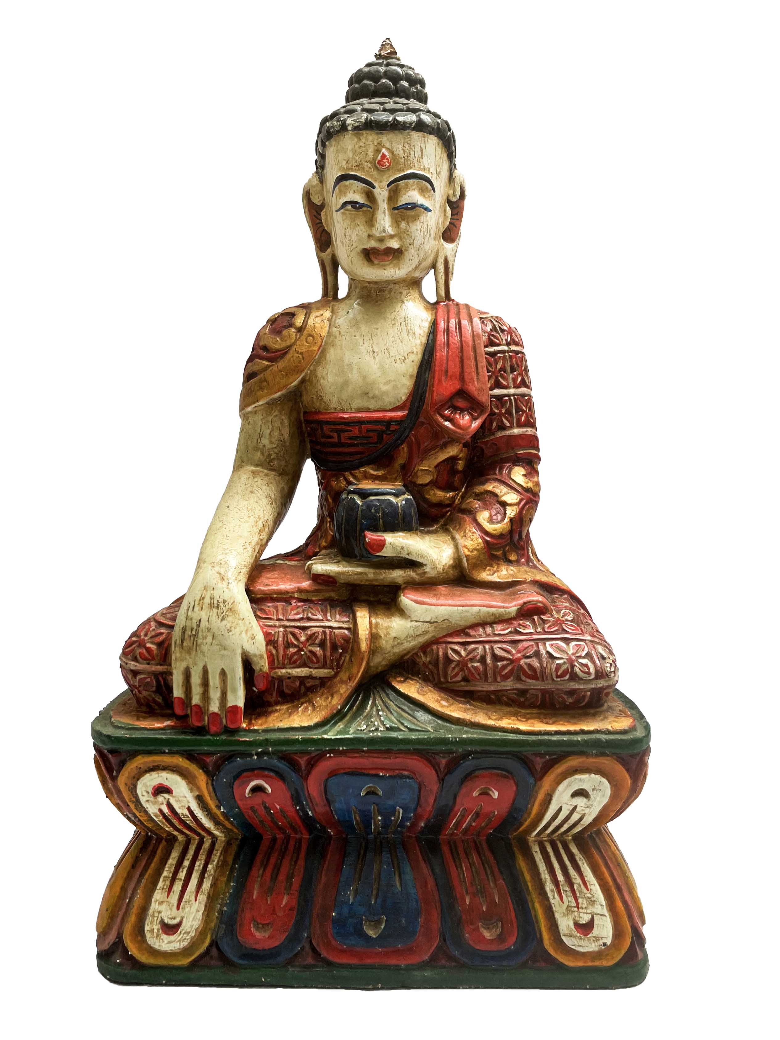 Buddhist Wooden Statue Of Shakyamuni Buddha In White Color, traditional Color Finishing