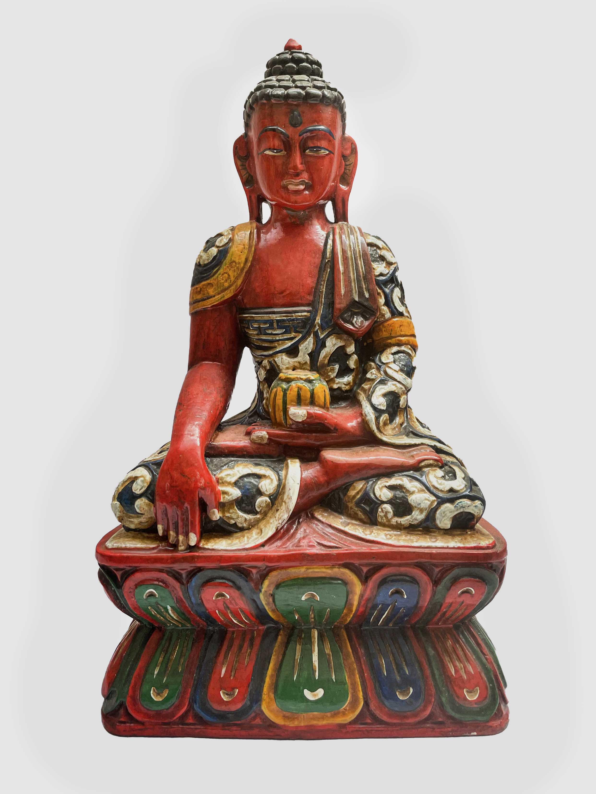 Buddhist Wooden Statue Of Shakyamuni Buddha In Red Color, traditional Color Finishing