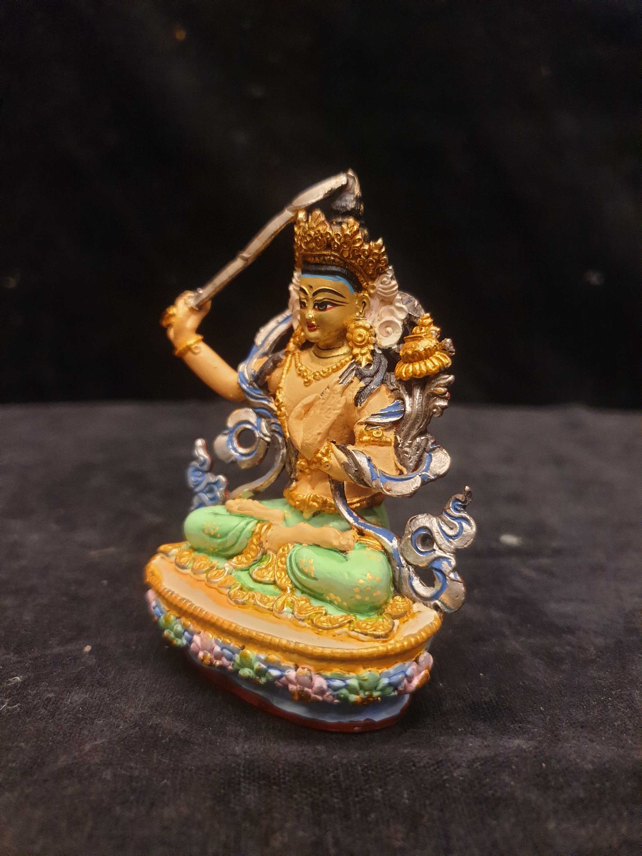 Buddhist Miniature Statue Of Manjushri, traditional Color, Face Painted