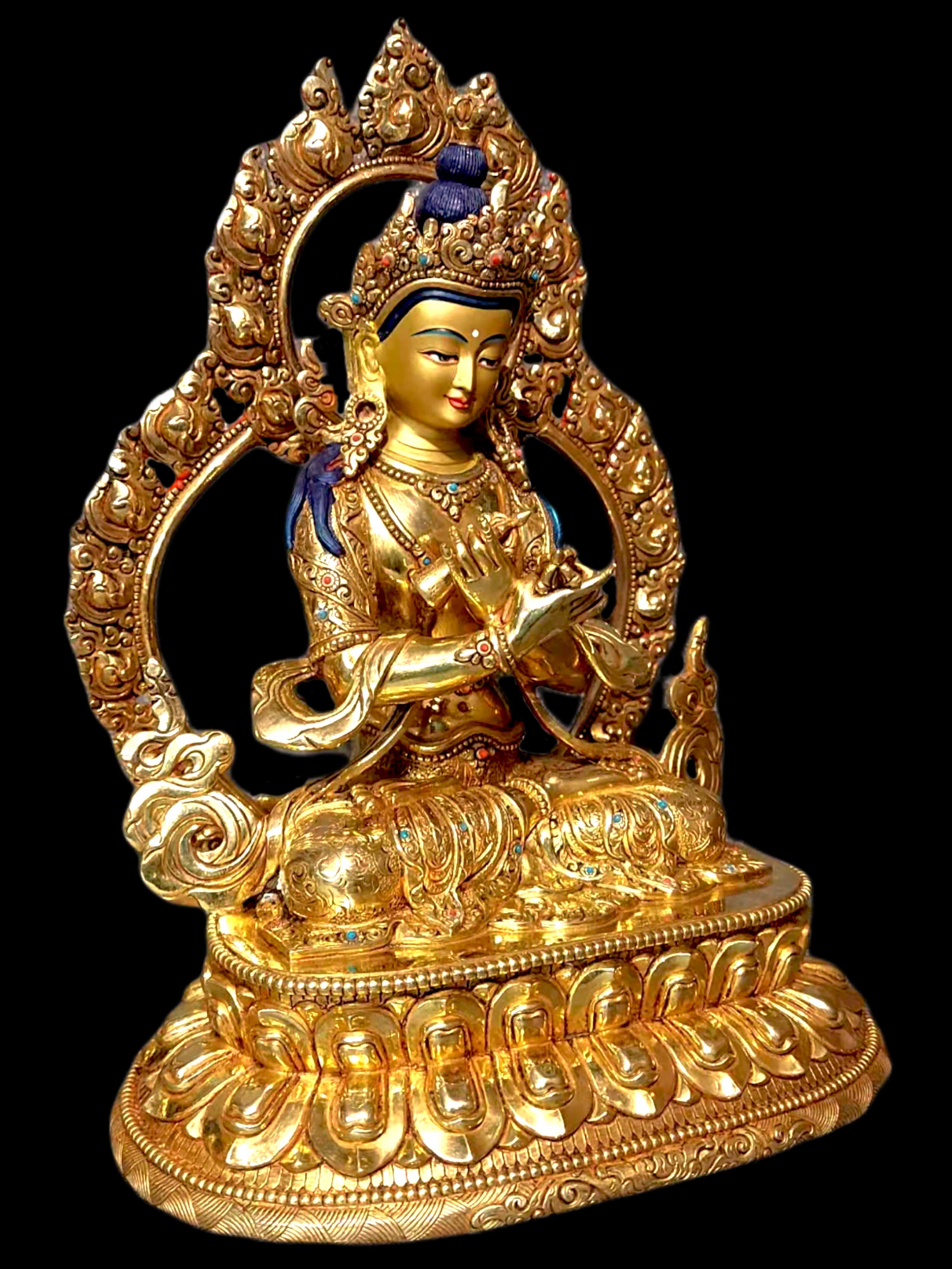 Buddhist Statue Of Vajradhara. full Gold Plated, Stone Setting, Face Painted