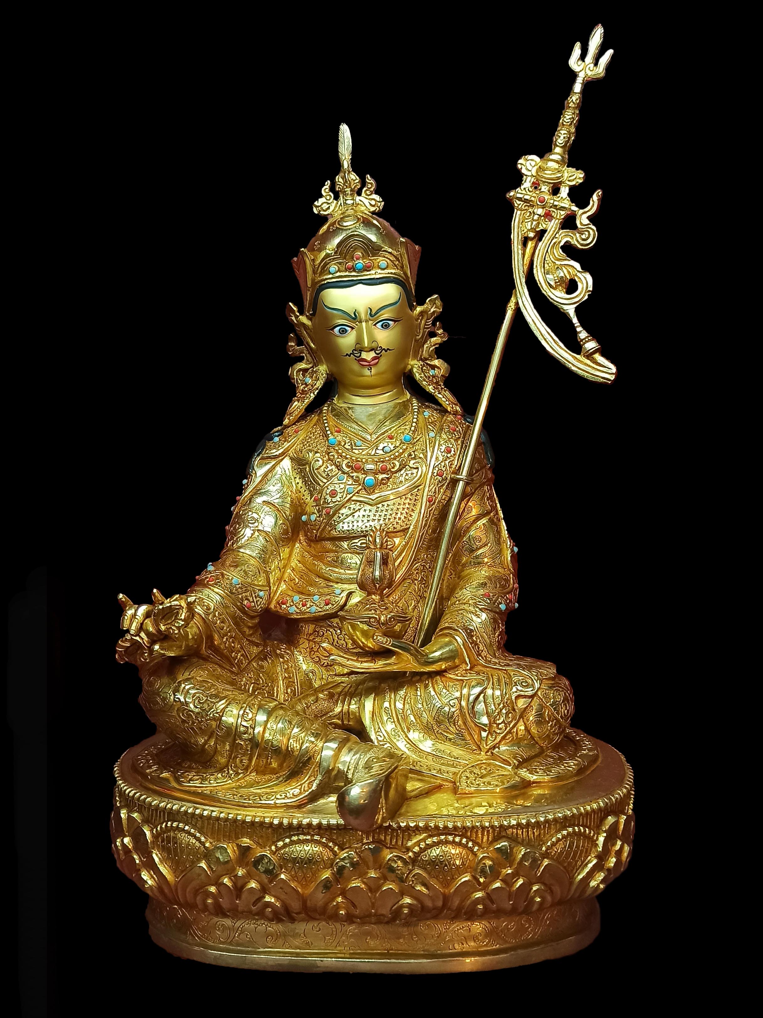 Buddhist Statue Of Padmasambhava, full Gold Plated, Stone Setting, Face Painted