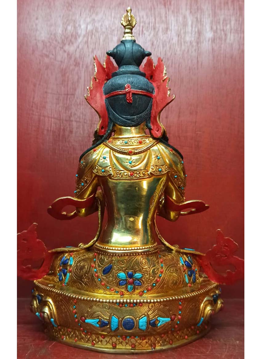 Buddhist Statue Of Vajradhara, full Gold Plated, Stone Setting, Face Painted
