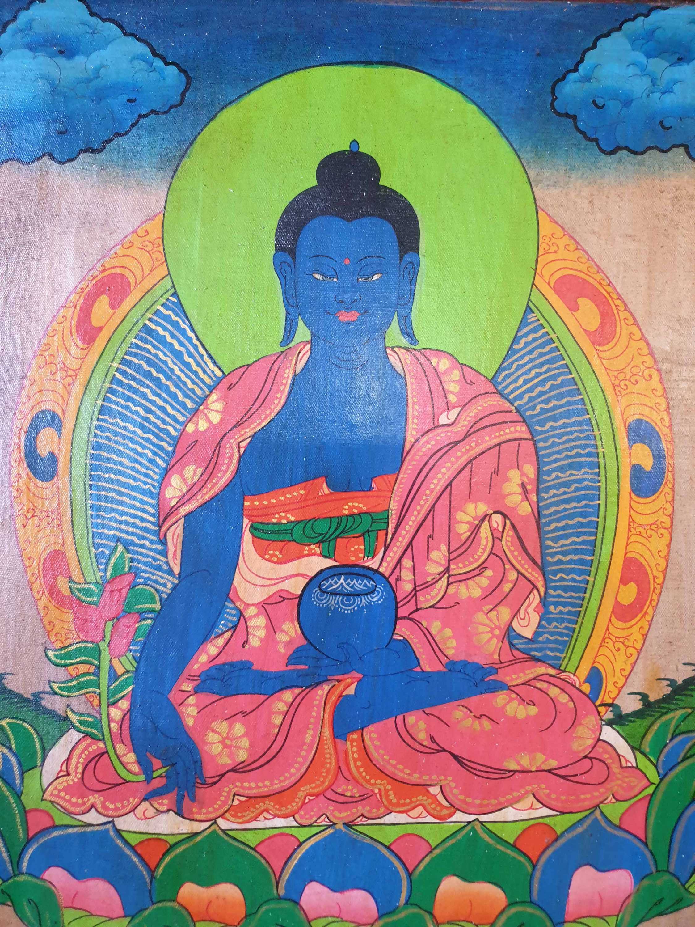 Tibetan Buddhist Thangka Painting Of Medicine Buddha, wooden Frame