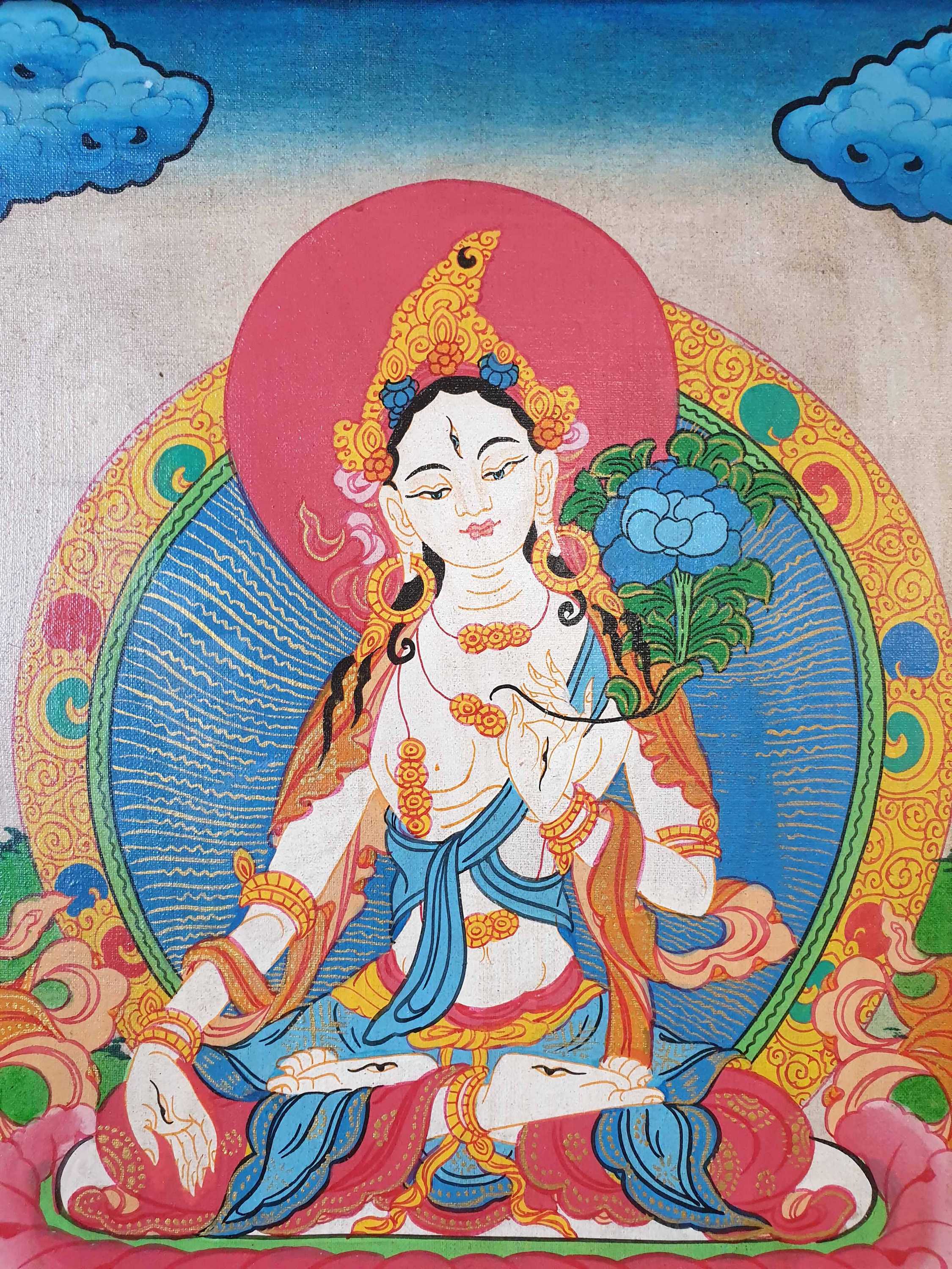 Tibetan Buddhist Thangka Painting Of White Tara, wooden Frame