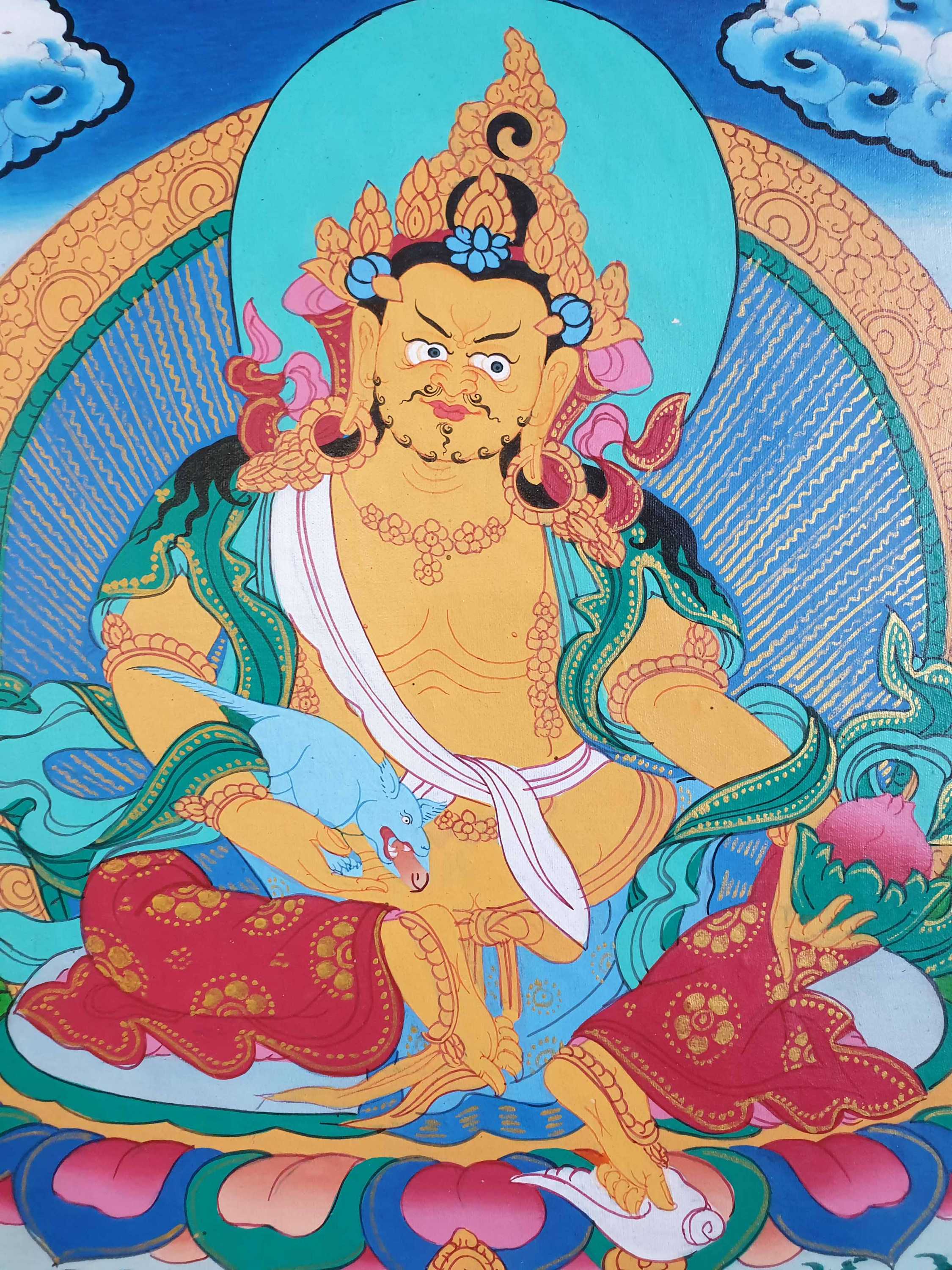 Tibetan Buddhist Thangka Painting Of Yellow Jambhala, wooden Frame