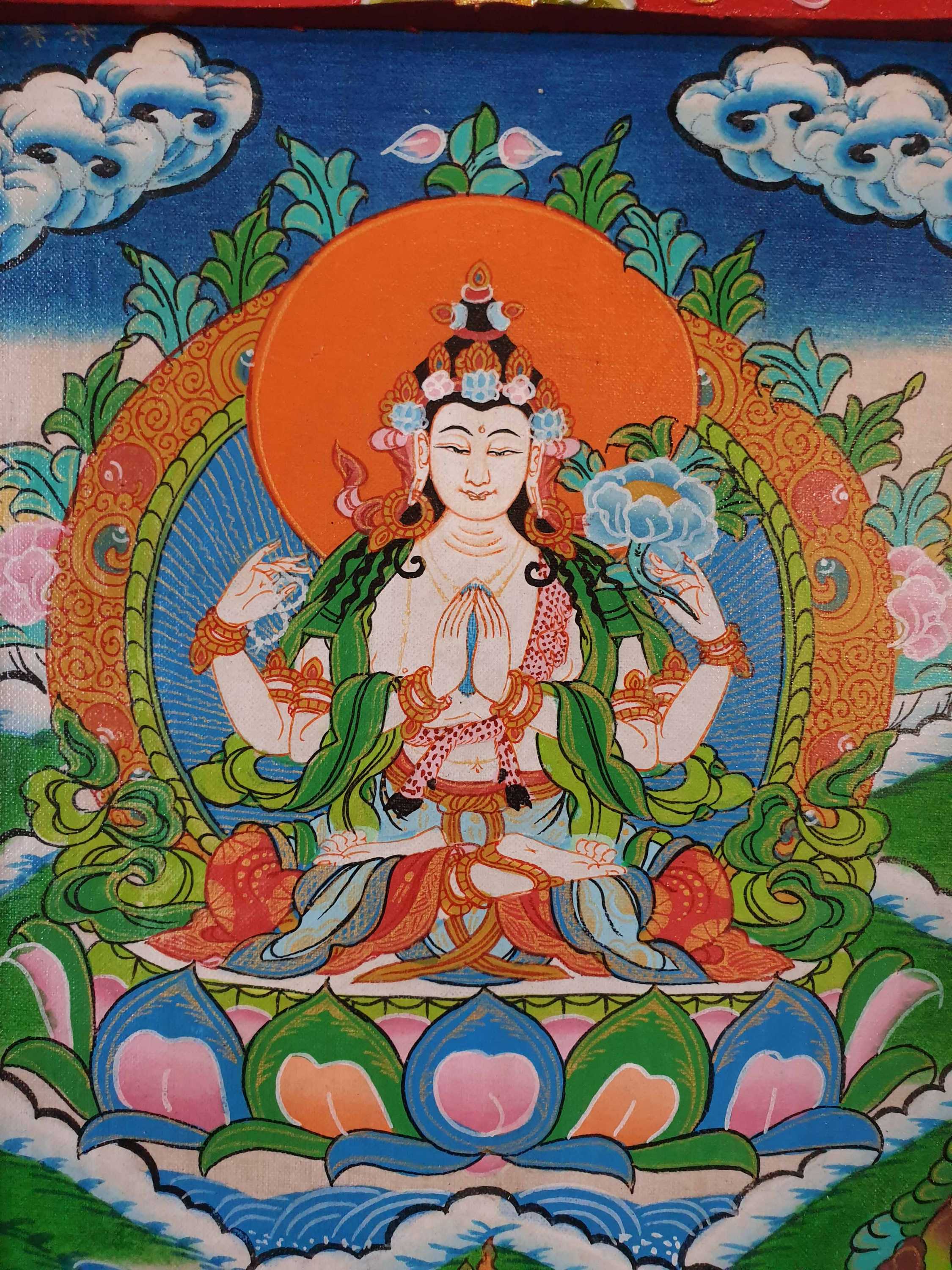 Tibetan Buddhist Thangka Painting Of Chenrezig, wooden Frame