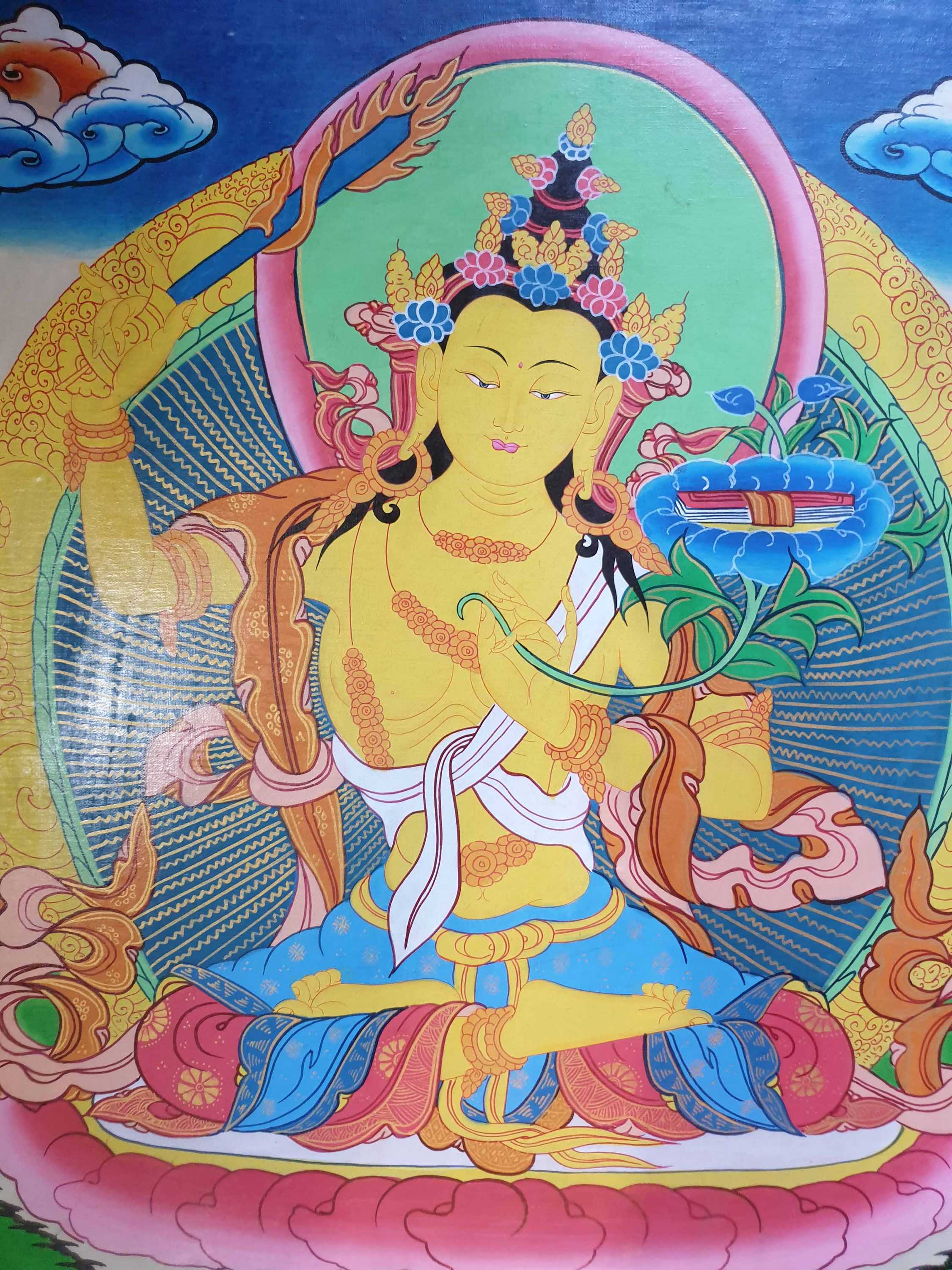 Tibetan Buddhist Thangka Painting Of Manjushri, wooden Frame