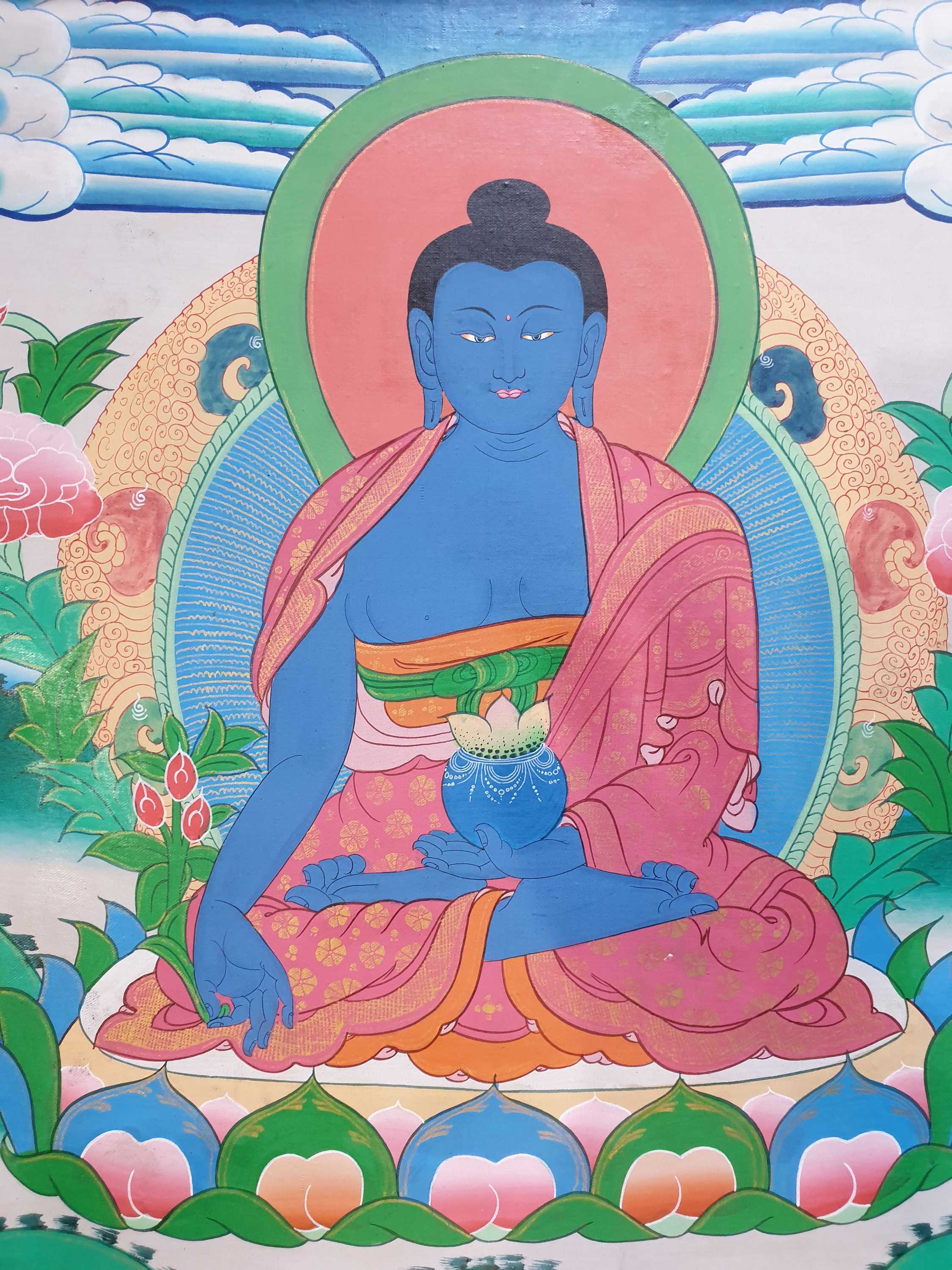 Tibetan Buddhist Thangka Painting Of Vairochana Buddha, wooden Frame