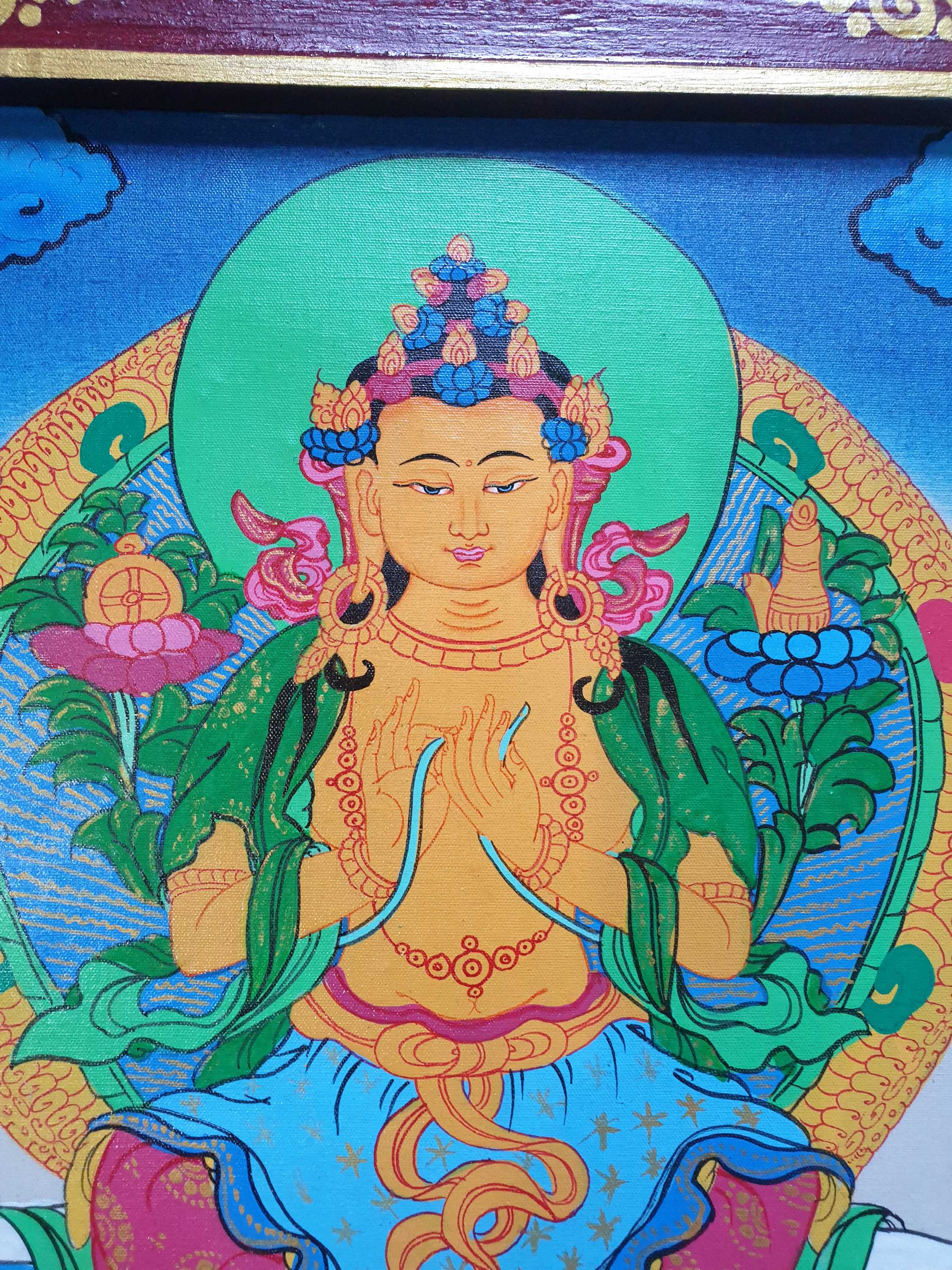 Tibetan Buddhist Thangka Painting Of Maitreya Buddha, wooden Frame