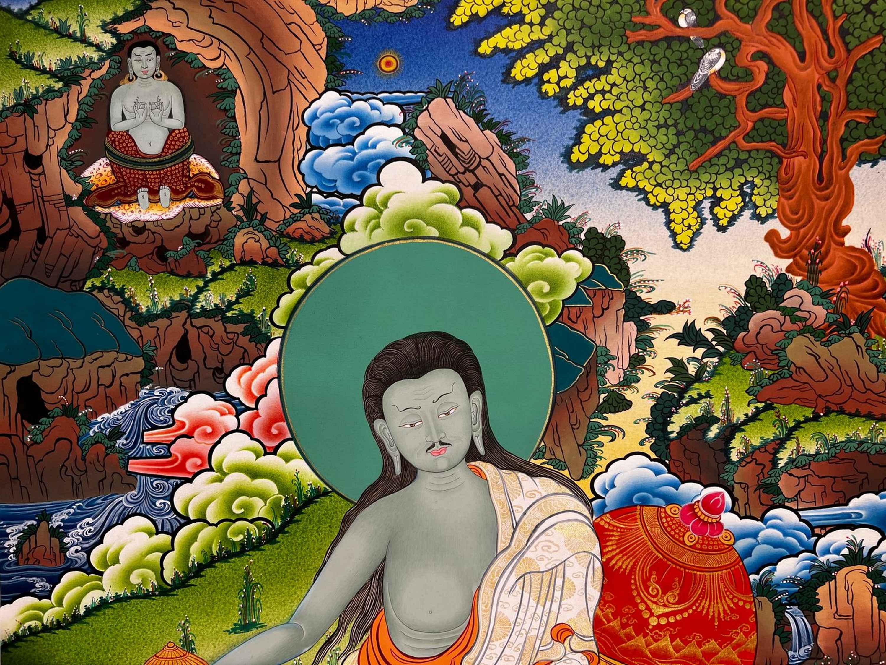 Buddhist Handmade Thangka Of Milarepa, hand Painted