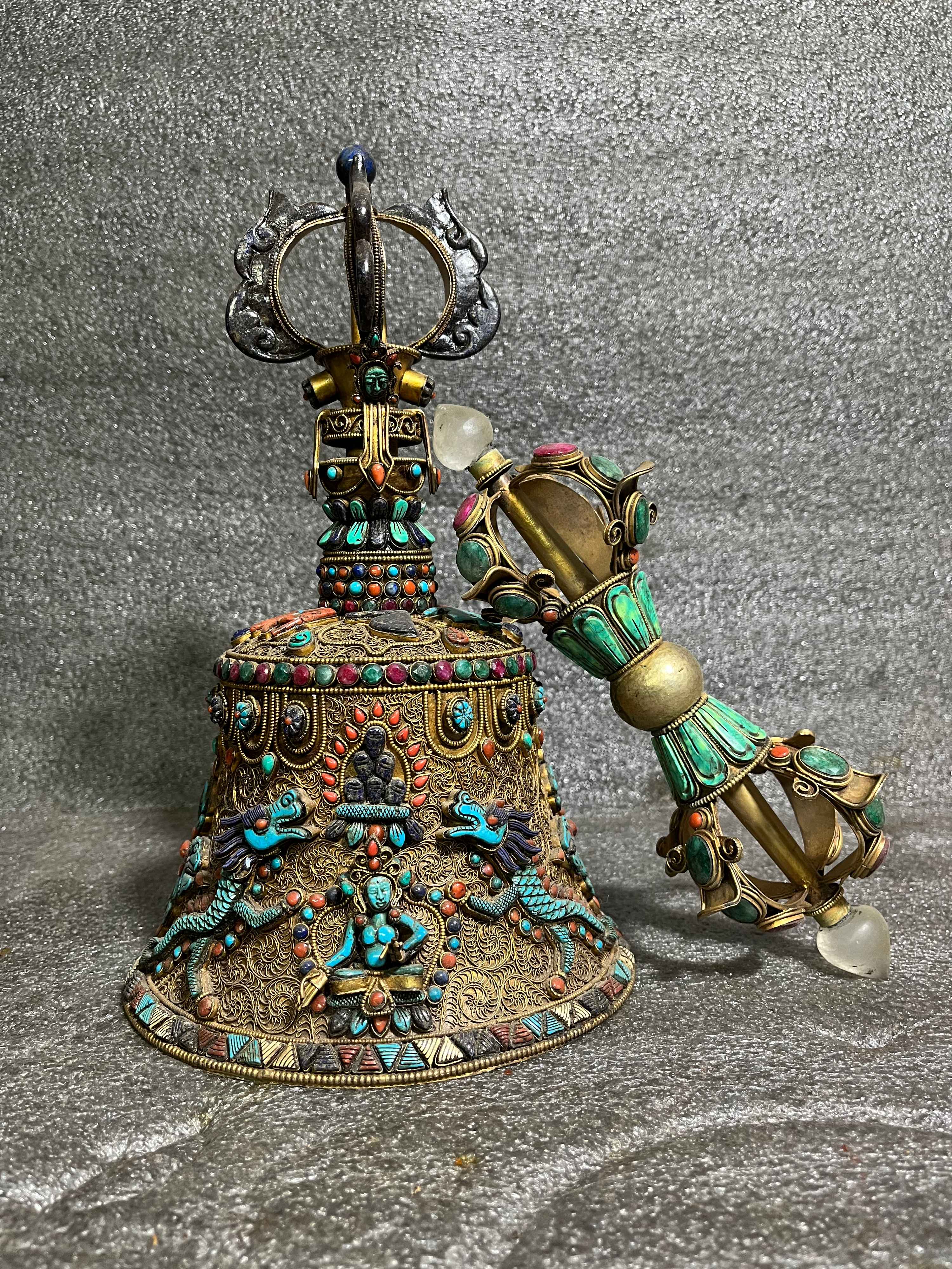 Buddhist Handmade Bell And Dorje, stone Setting, Siku Design