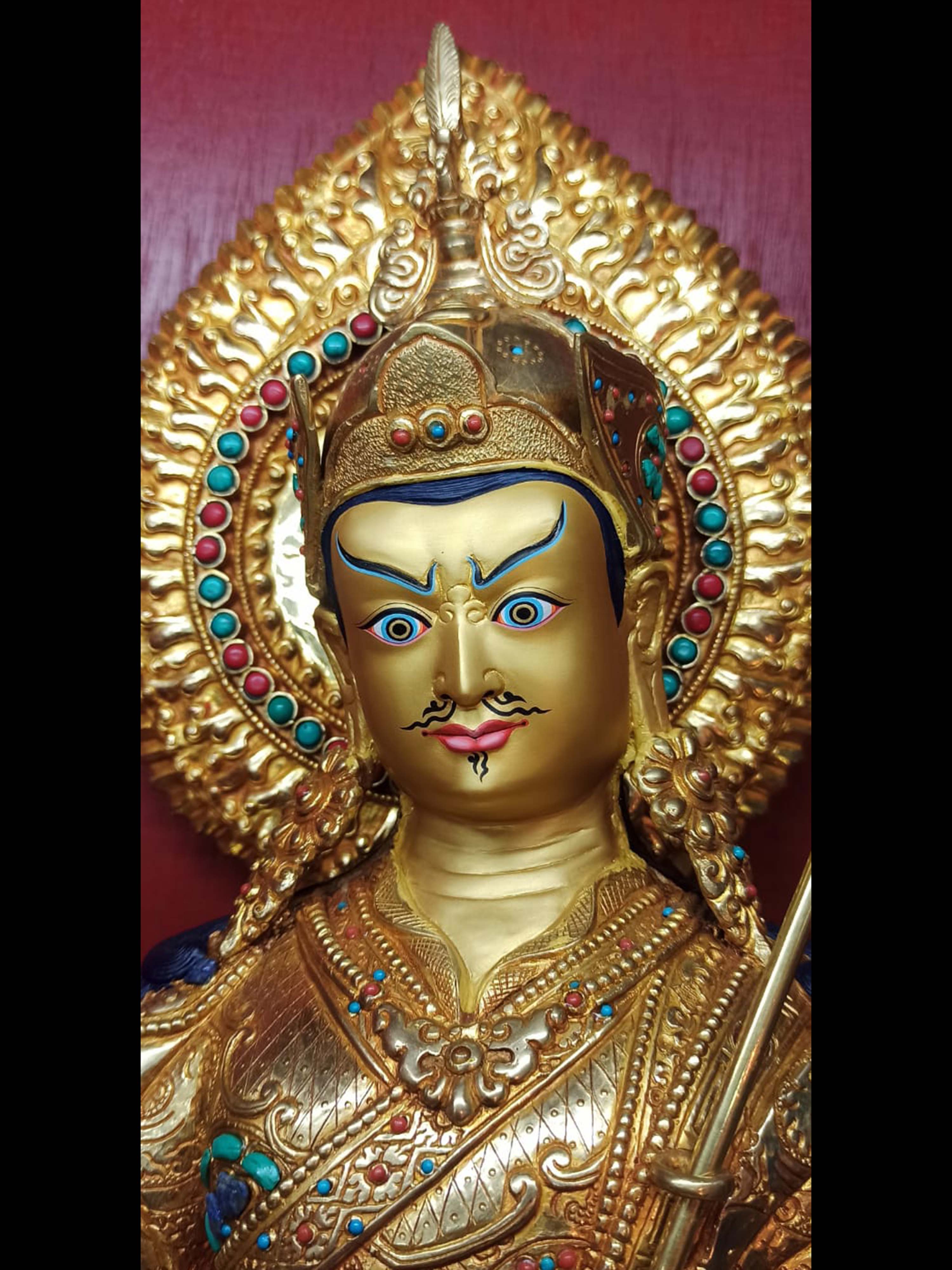 Buddhist Handmade Statue Of Padmasambhava, full Gold Plated, Stone Setting, Face Painted