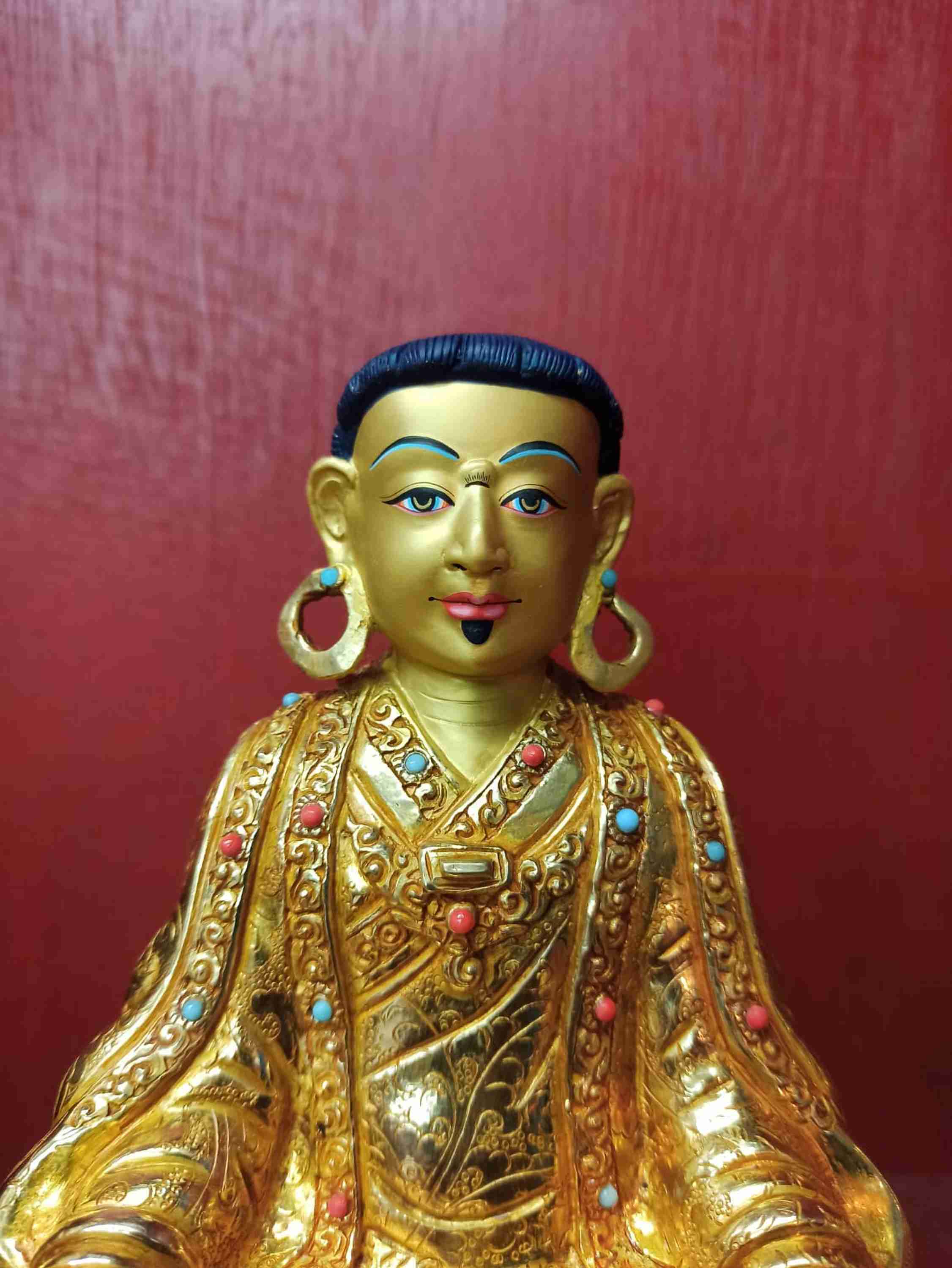 Buddhist Handmade Statue Of Marpa Lotsawa, full Gold Plated, Stone Setting, Face Painted