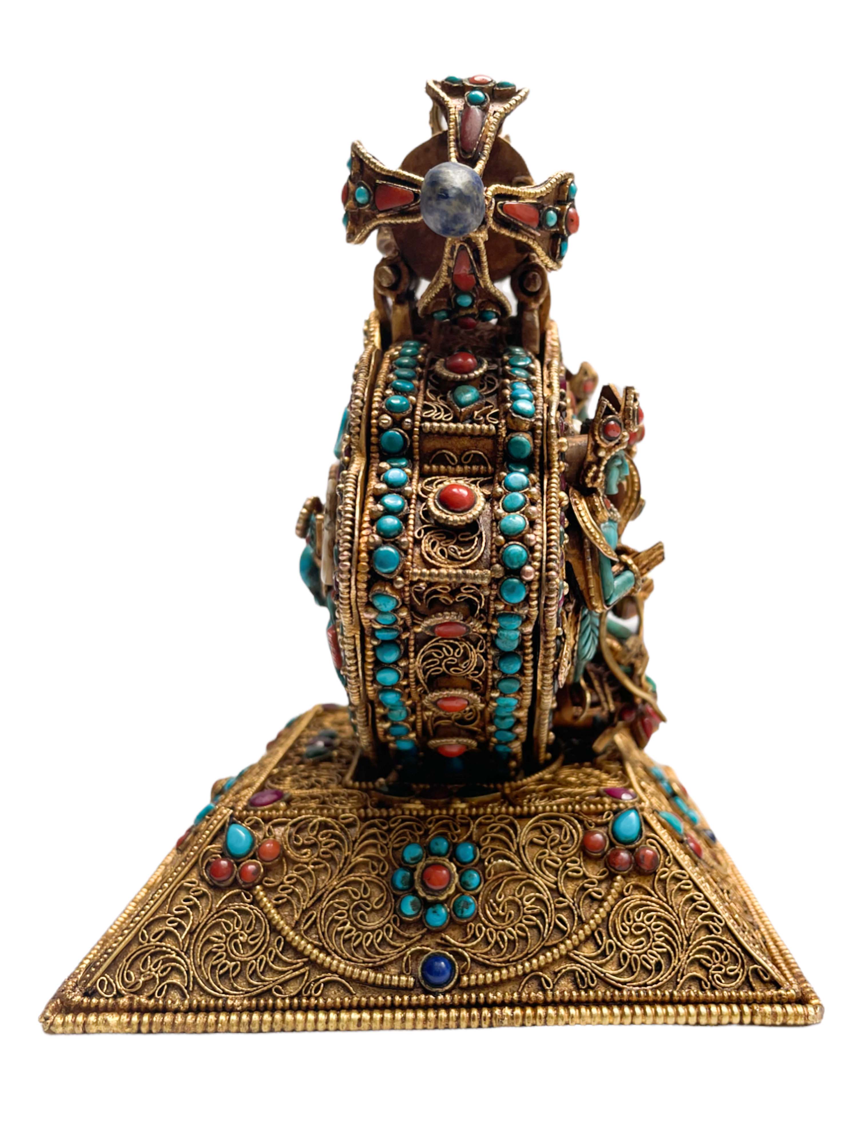 master Quality, Ghau Box, With Green Tara, Naga Kanya And amitabha Buddha And Kalachakra Mantra Inside, Siku Design, Gold Plated, Turquoise, Coral And Lapis