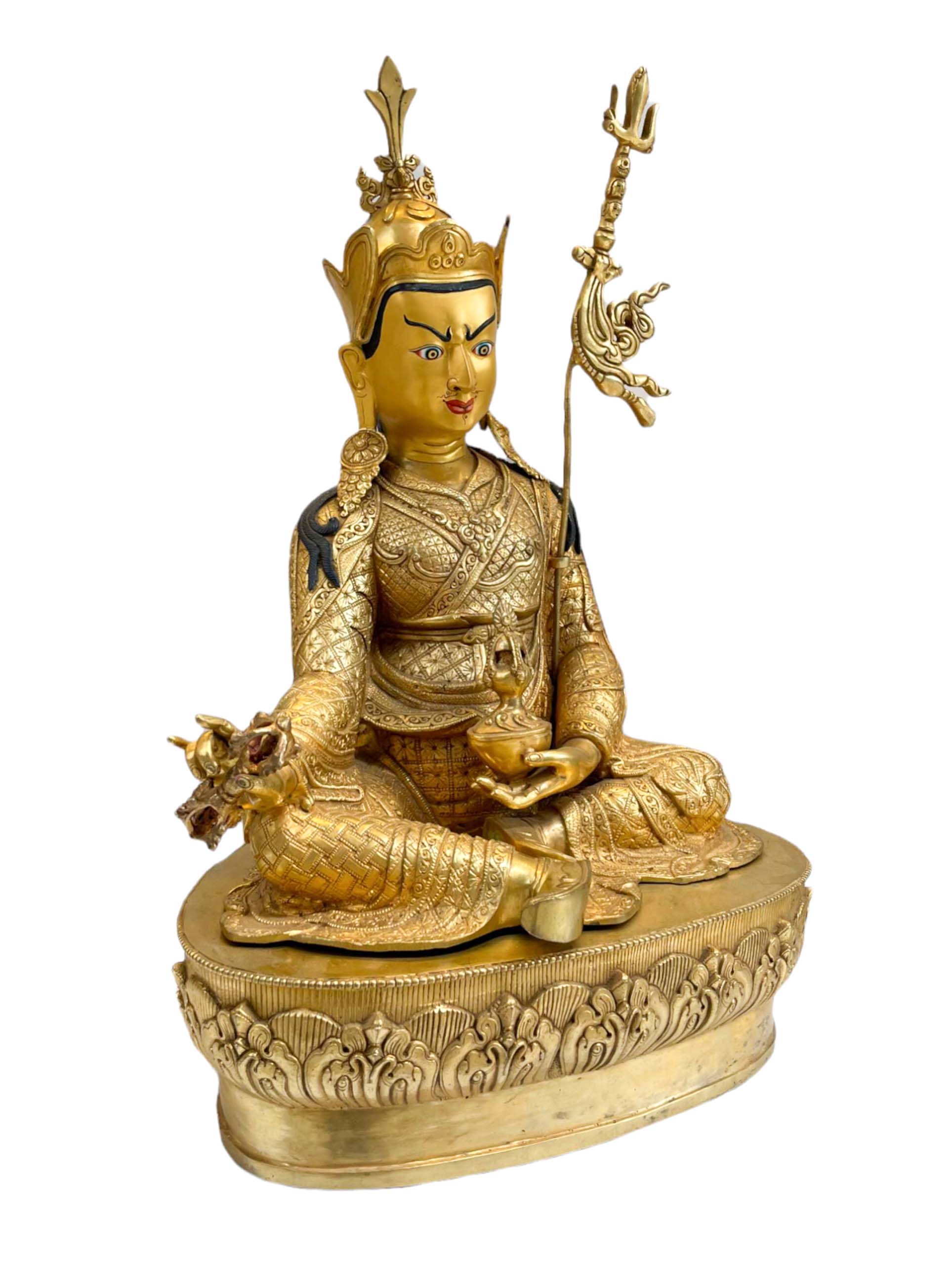 Buddhist Handmade Statue Of Padmasambhava, full Gold Plated, Face Painted