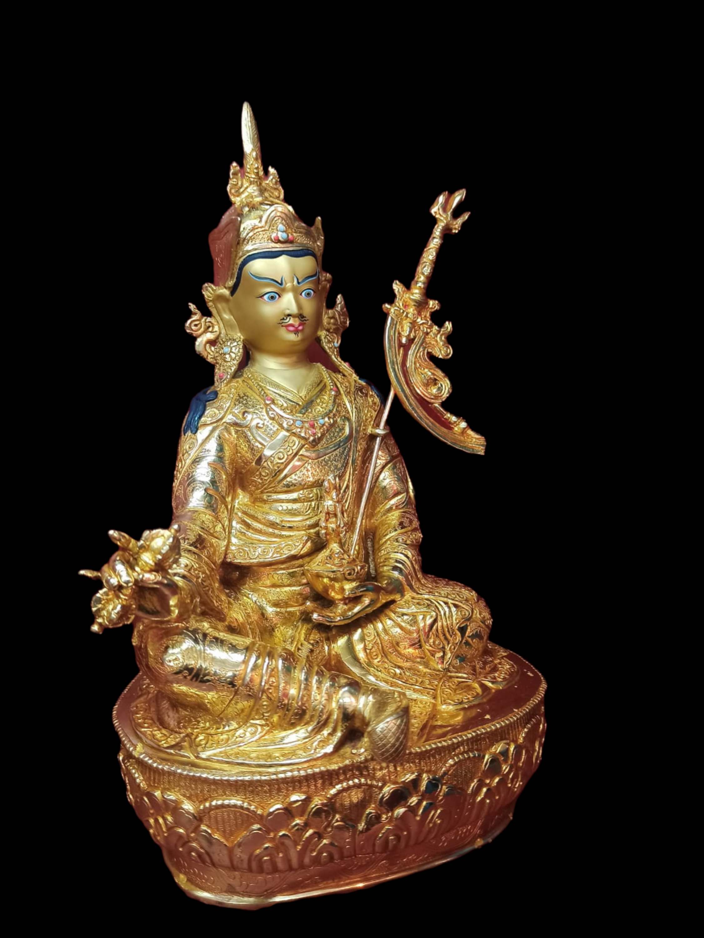 Buddhist Handmade Statue Of Padmasambhava, Guru, full Gold Plated, Face Painted