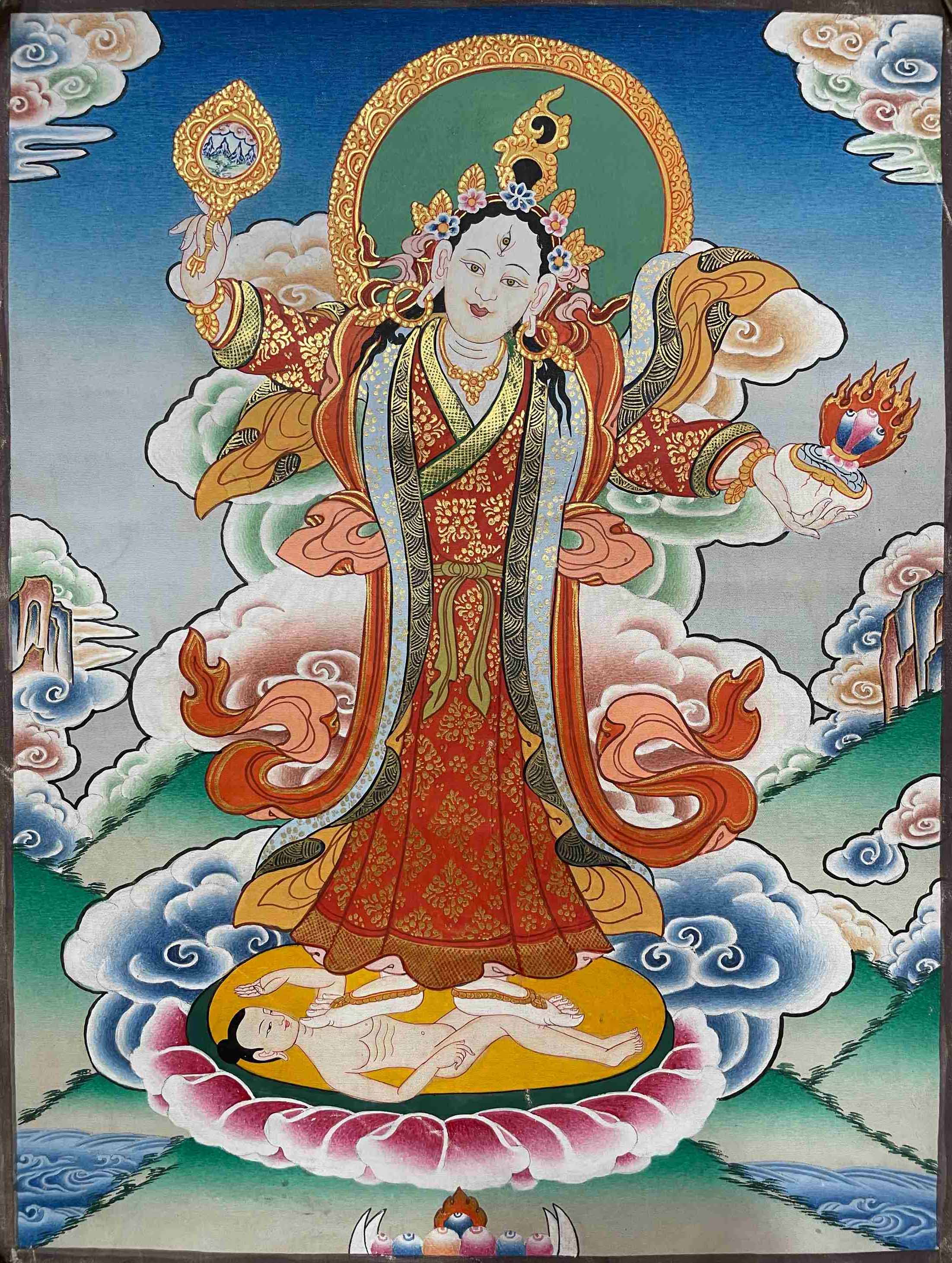old, Buddhist Hand Painting Thangka Of Kalash Tara one Of 21 Green Taras, hand Painted