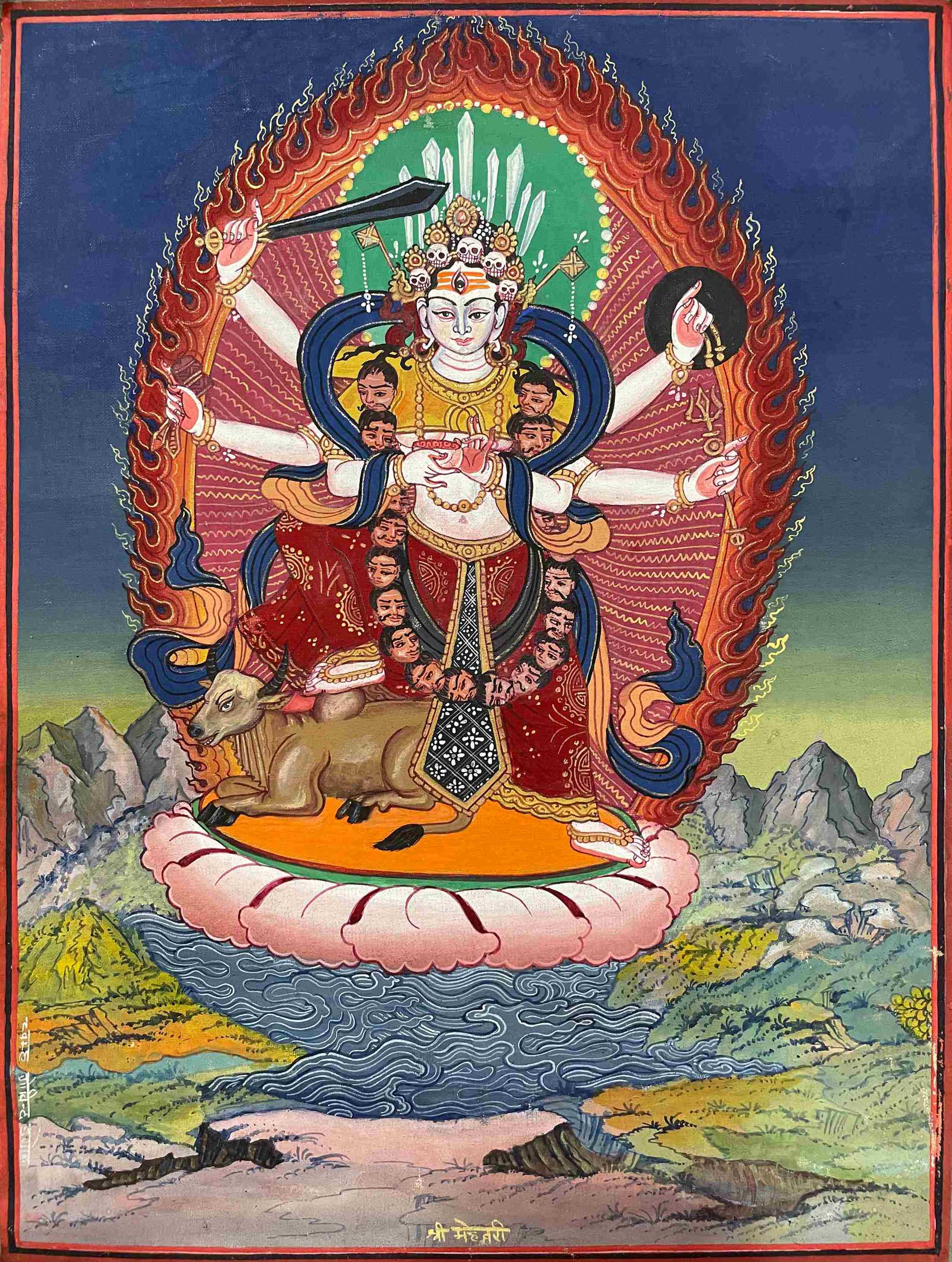 old, Buddhist Hand Painting Thangka Of Maheshwari Durga, hand Painted