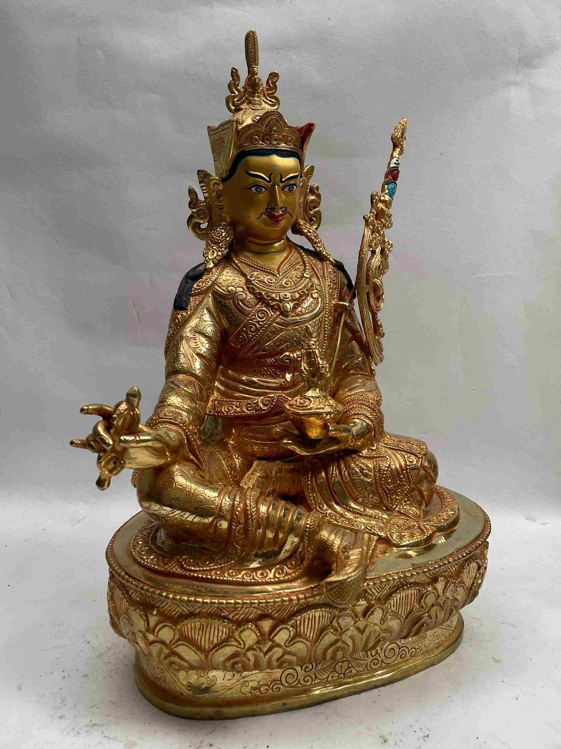 Buddhist Handmade Statue Of Padmasambhava, full Fire Gold Plated, Face Painted