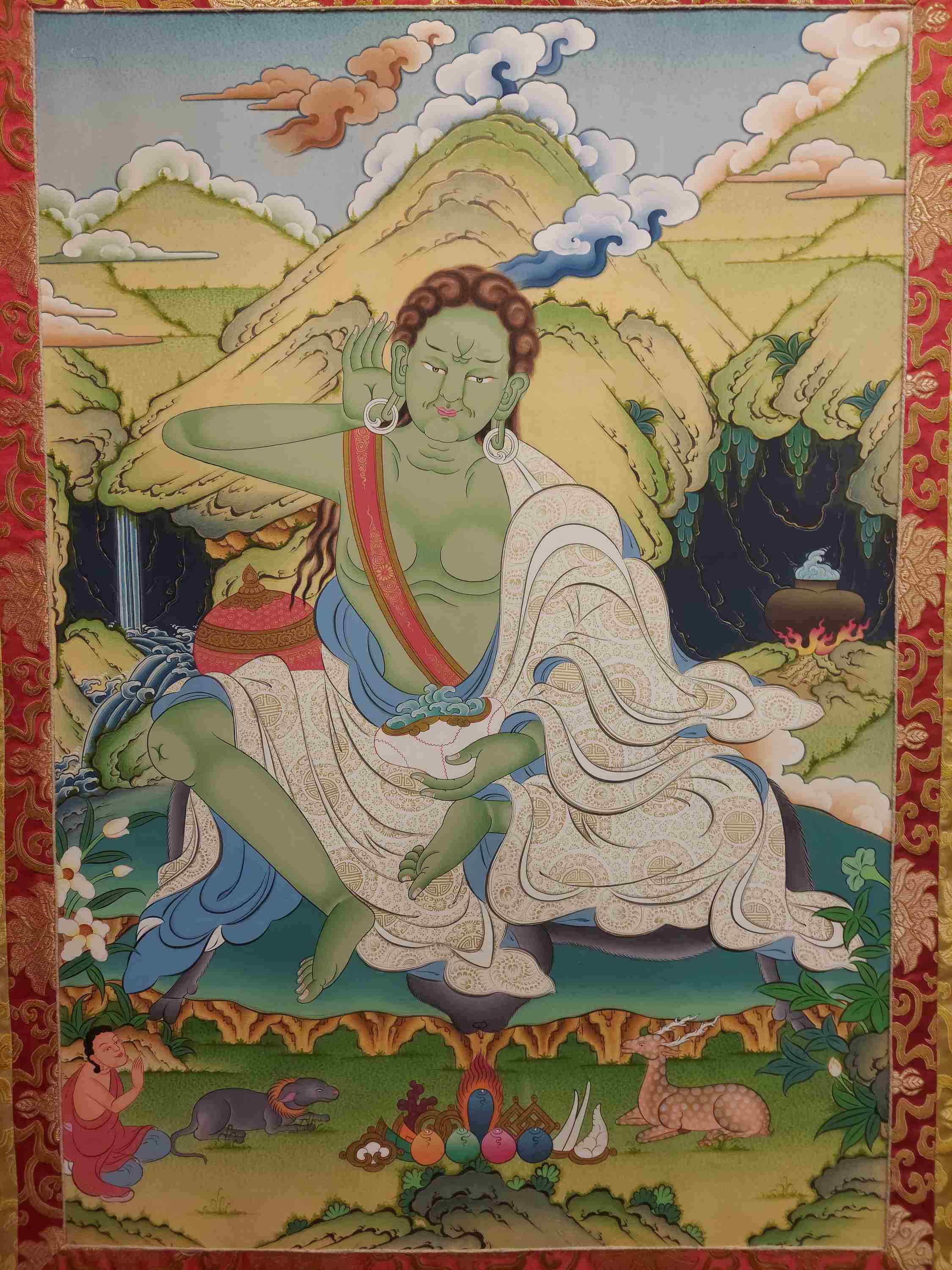 Buddhist Hand Painting Thangka Of Milarepa, With Brocade, hand Painted