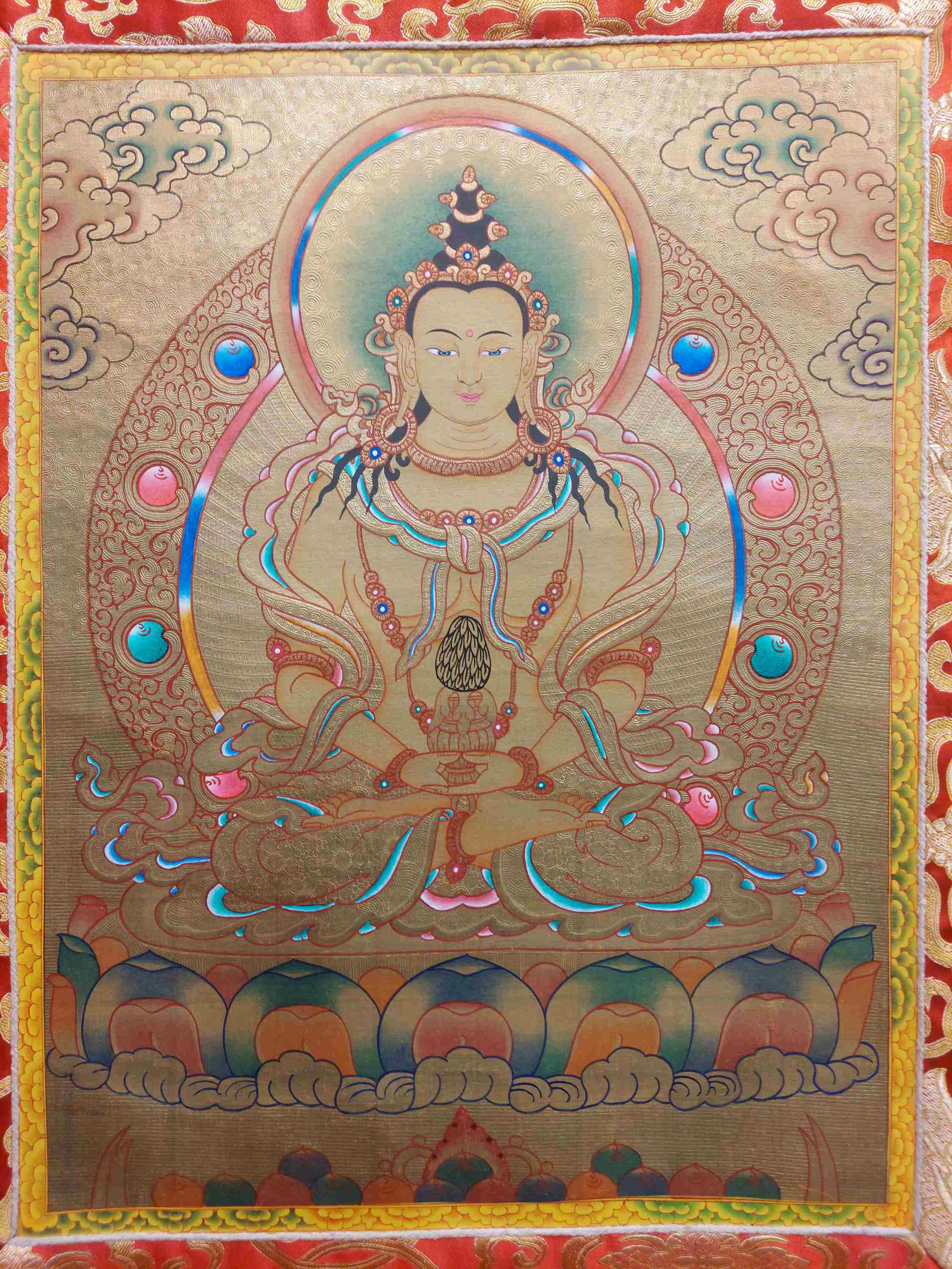 24k Gold, Buddhist Hand Painting Thangka Of Aparimita, Amitayus, With Brocade, hand Painted, Chepame