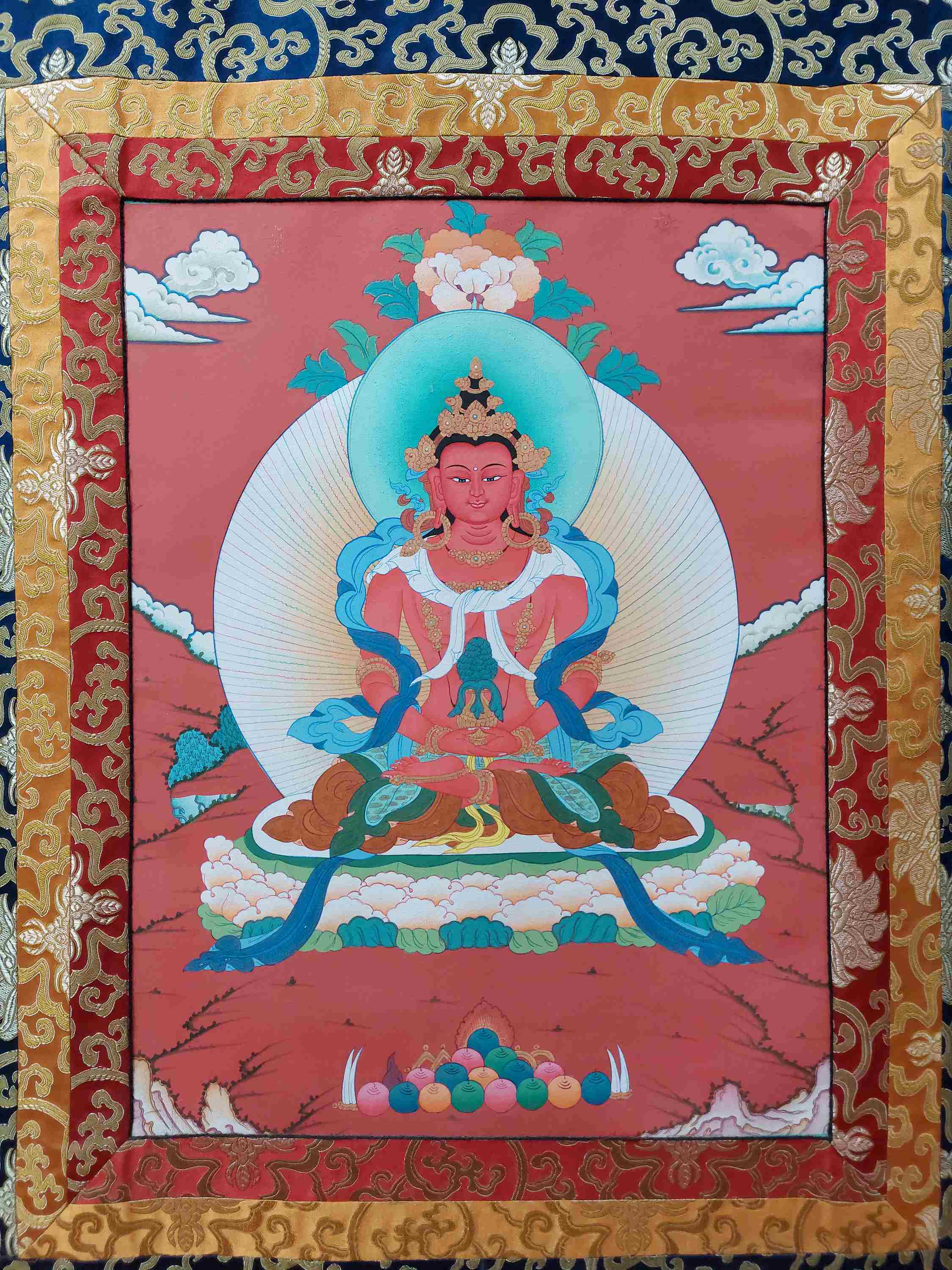 Buddhist Hand Painting Thangka Of Aparimita, Amitayus With Polyester Brocade, hand Painted, Amitayus, Chepame
