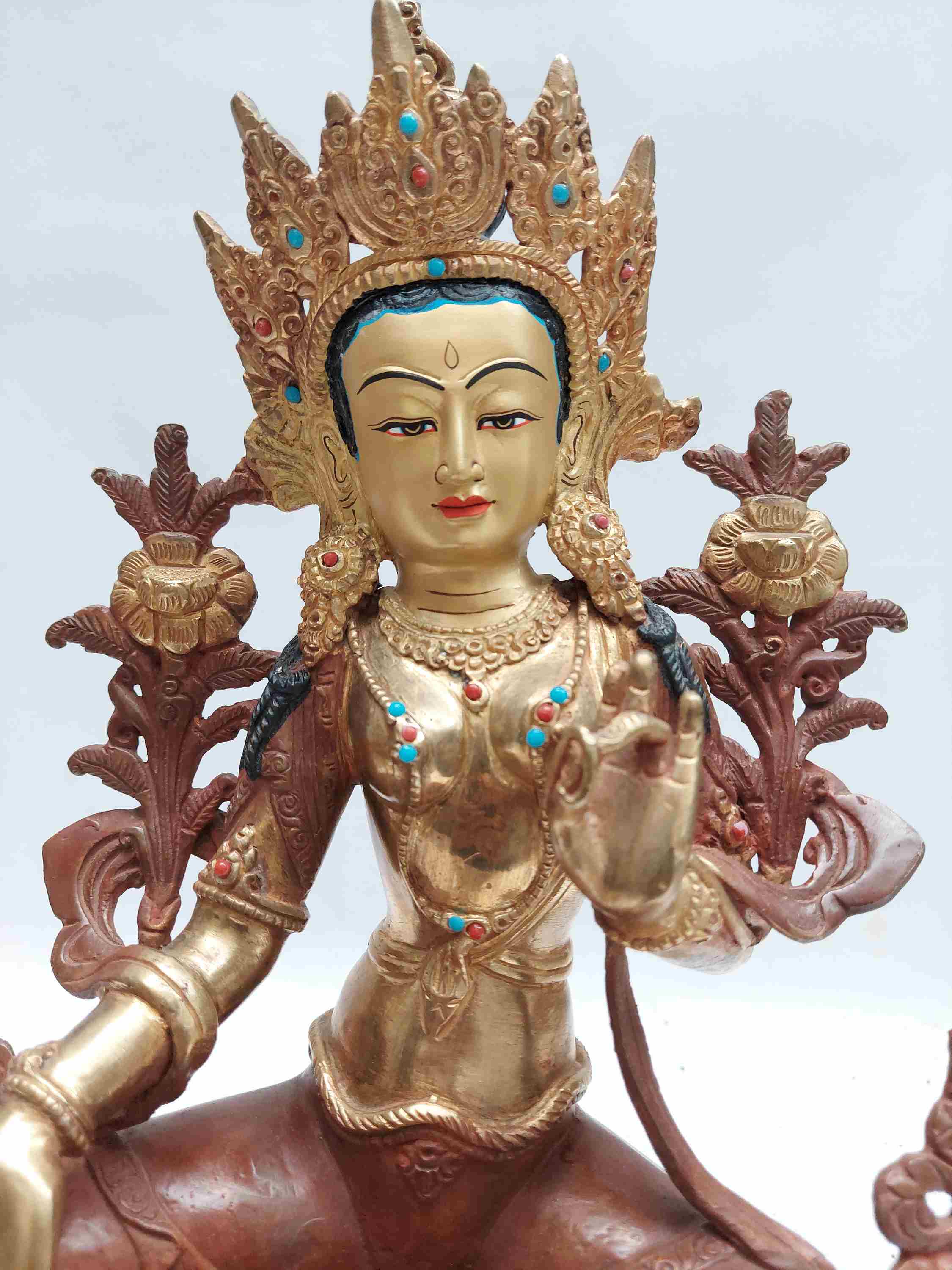 Green Tara Statue, Buddhist Handmade Statue, Partly Gold Plated, <span Style=