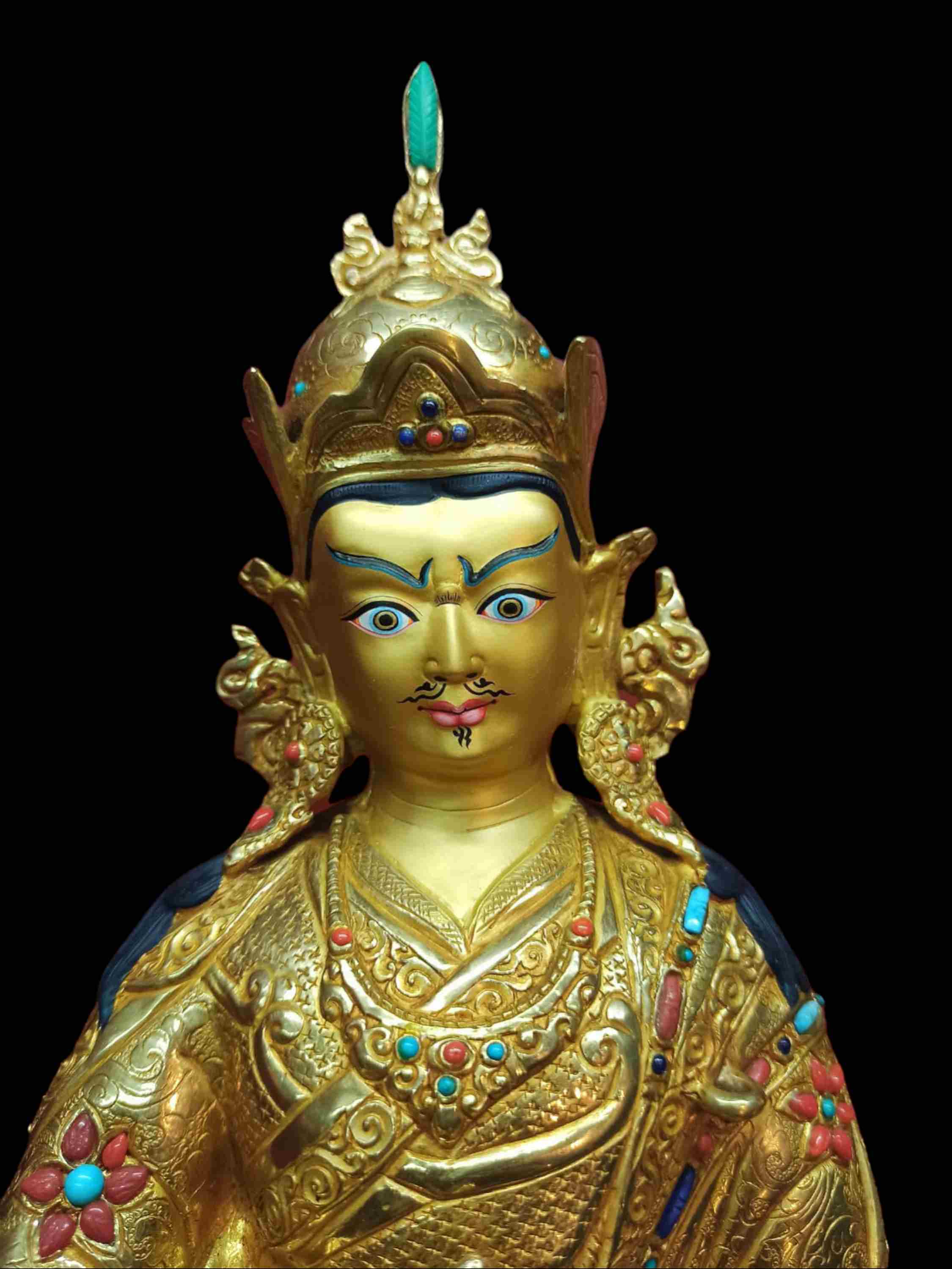 Buddhist Handmade Statue Of Padmasambhava, Guru Rimpoche, full Gold Plated, Stone Setting, Face Painted