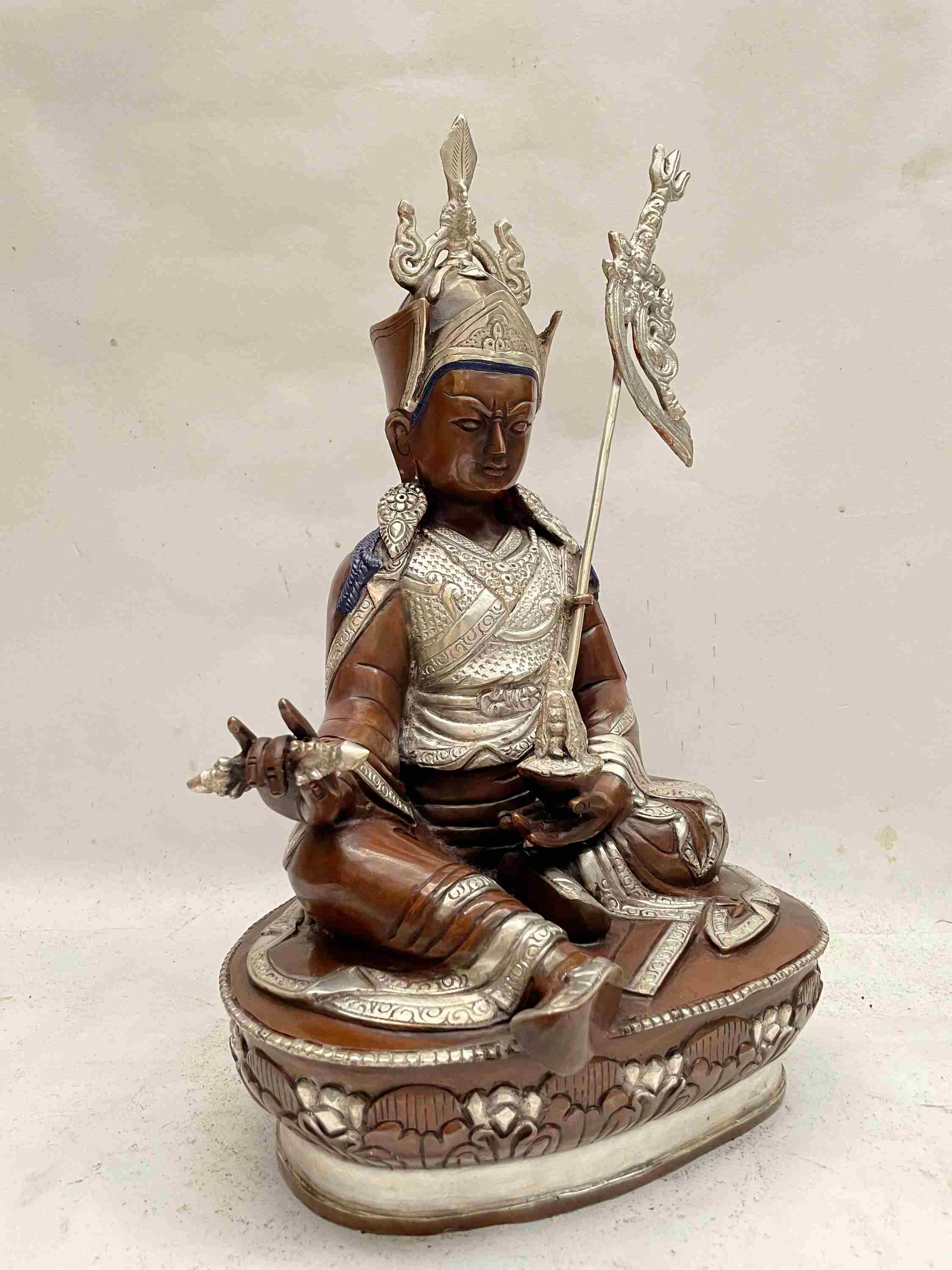 Buddhist Handmade Statue Of Padmasambhava, chocolate And Silver Oxidized