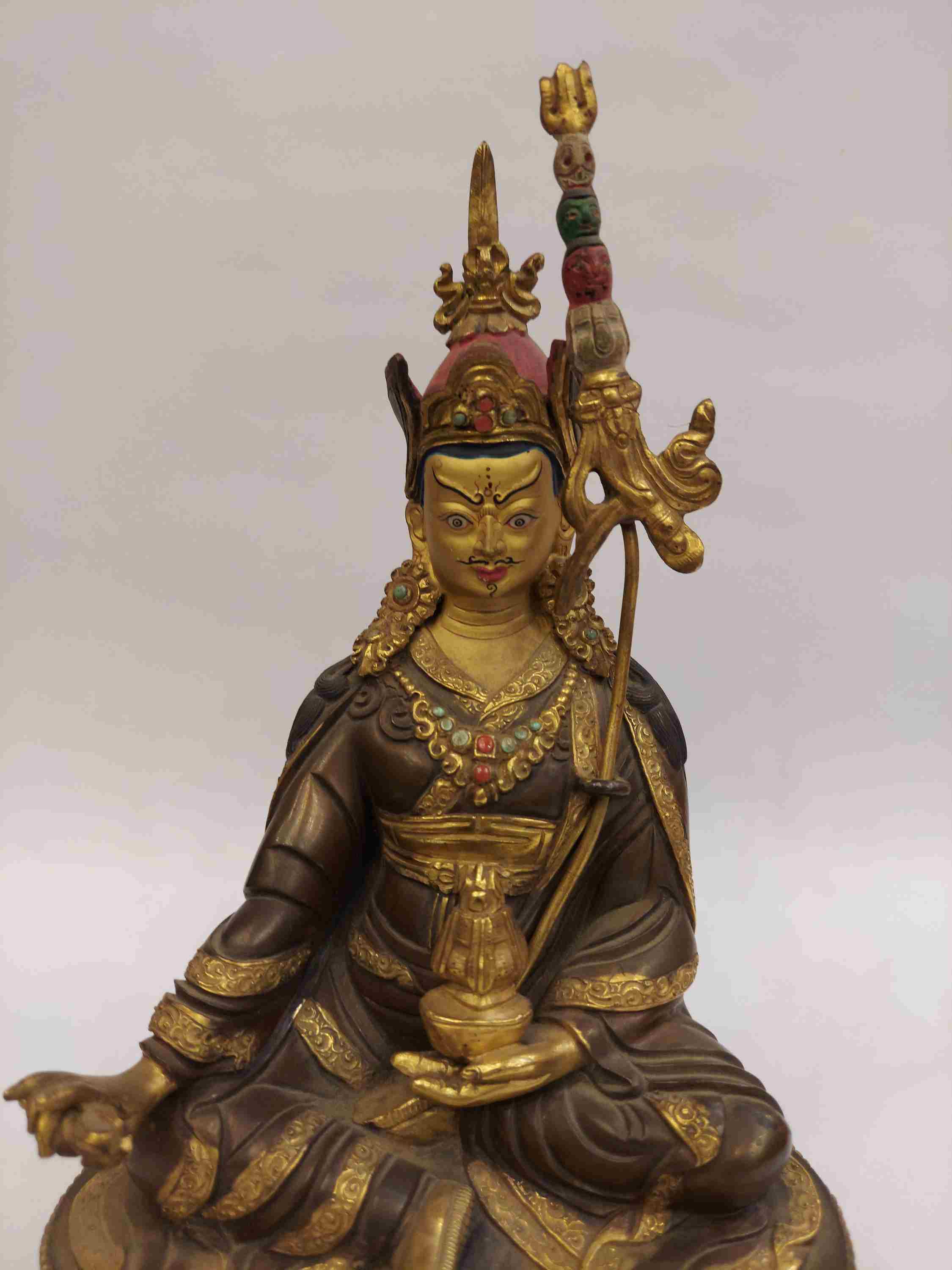 Buddhist Handmade Statue Of Padmasambhava, partly Gold Plated, Face Painted
