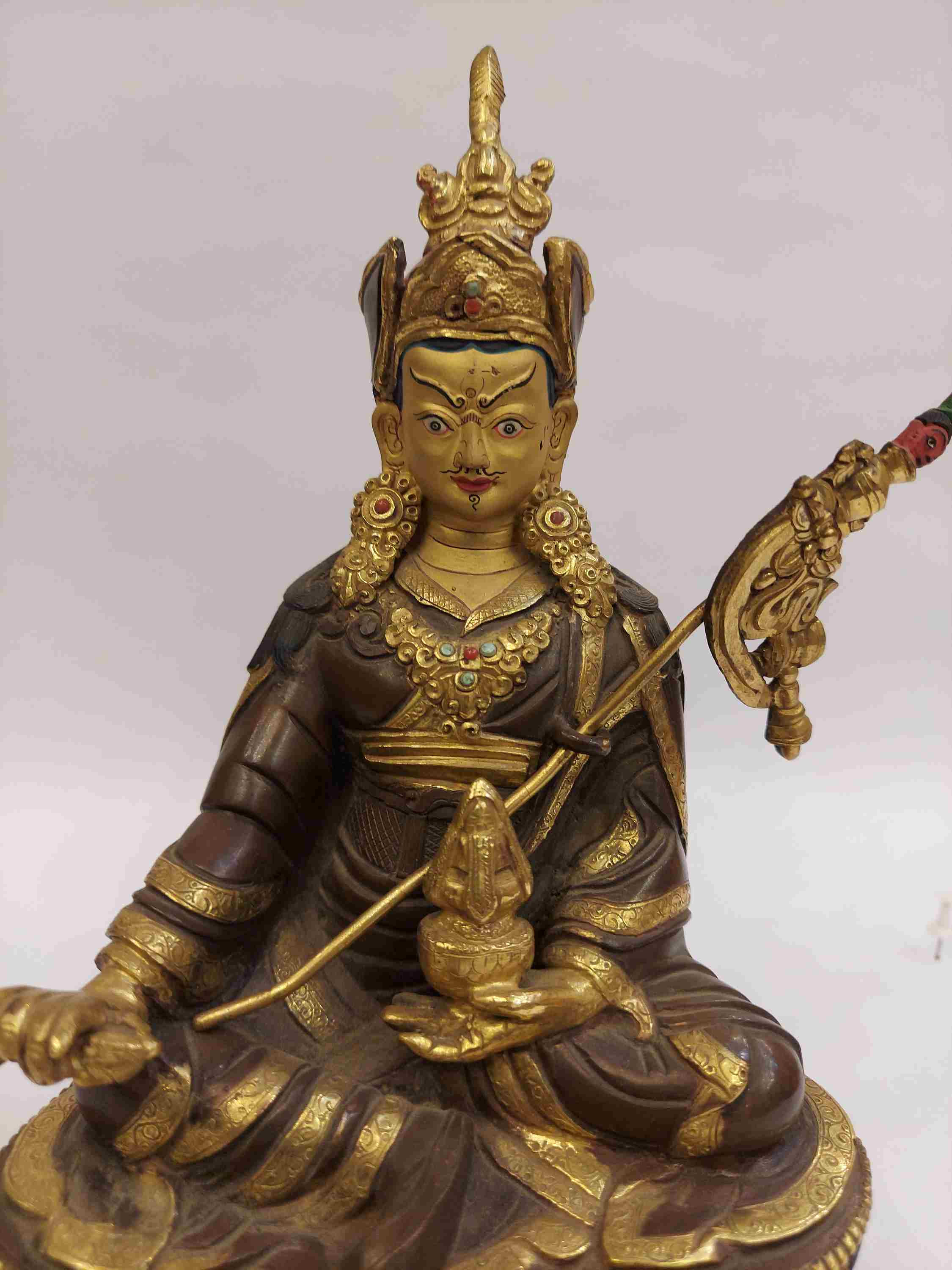 Buddhist Handmade Statue Of Padmasambhava, partly Gold Plated, Face Painted