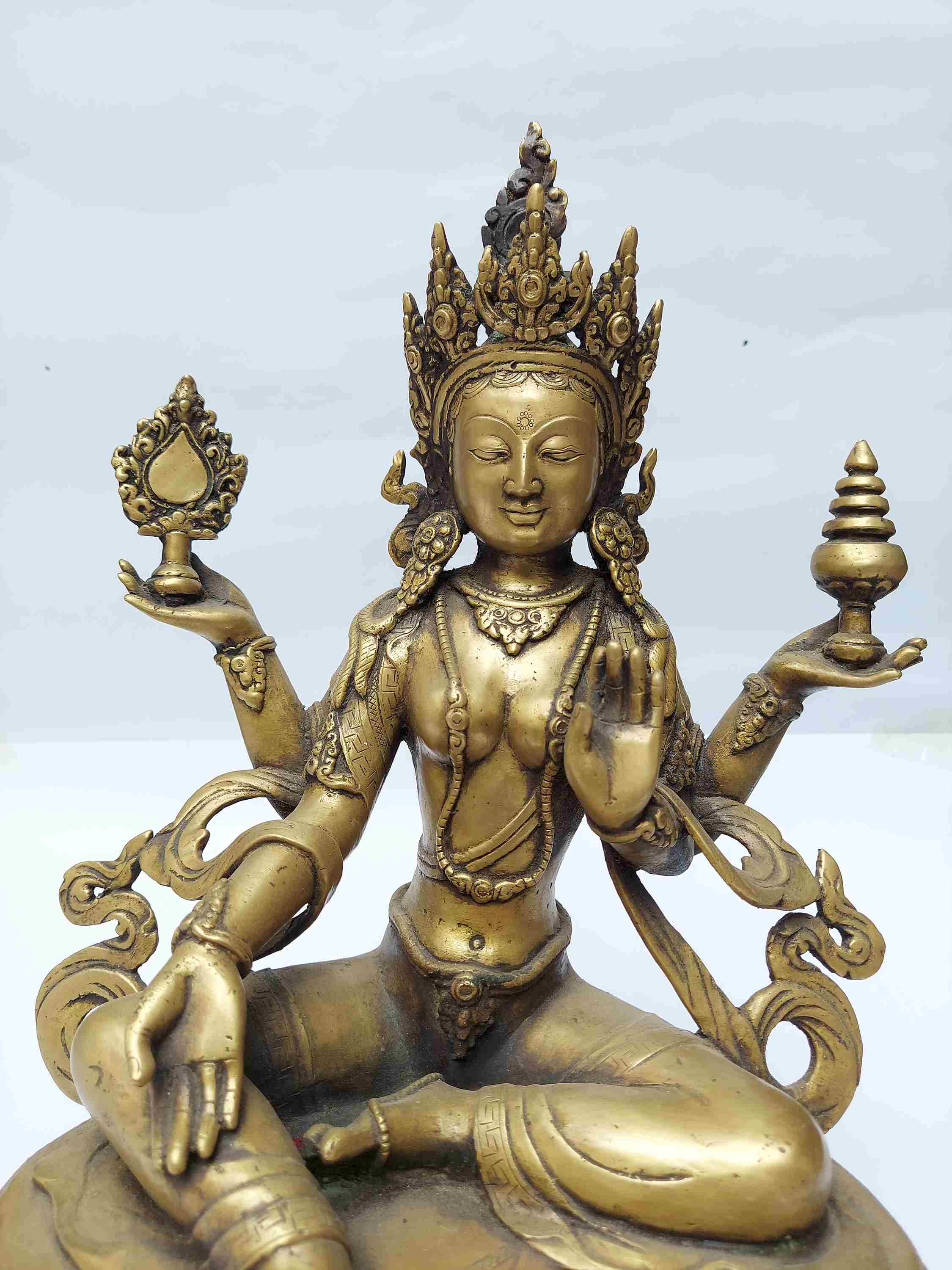 unique Brass From Bhaktapur, Buddhist Handmade Statue Of Lakshmi, full Gold Plated, Stone Setting, Face Painted