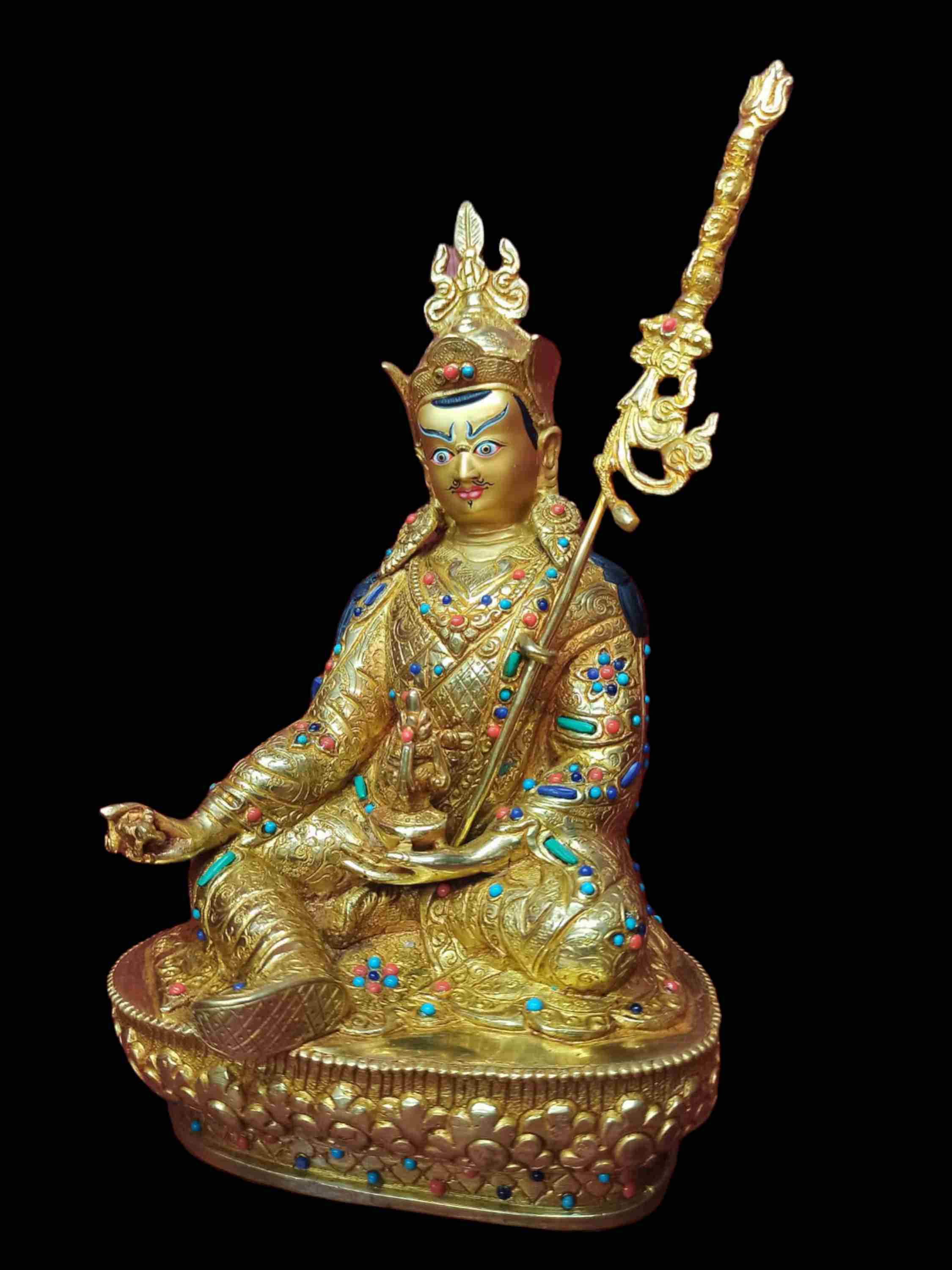 Buddhist Handmade Statue Of Padmasambhava guru Rinpoche, full Fire Gold Plated, Stone Setting, Face Painted