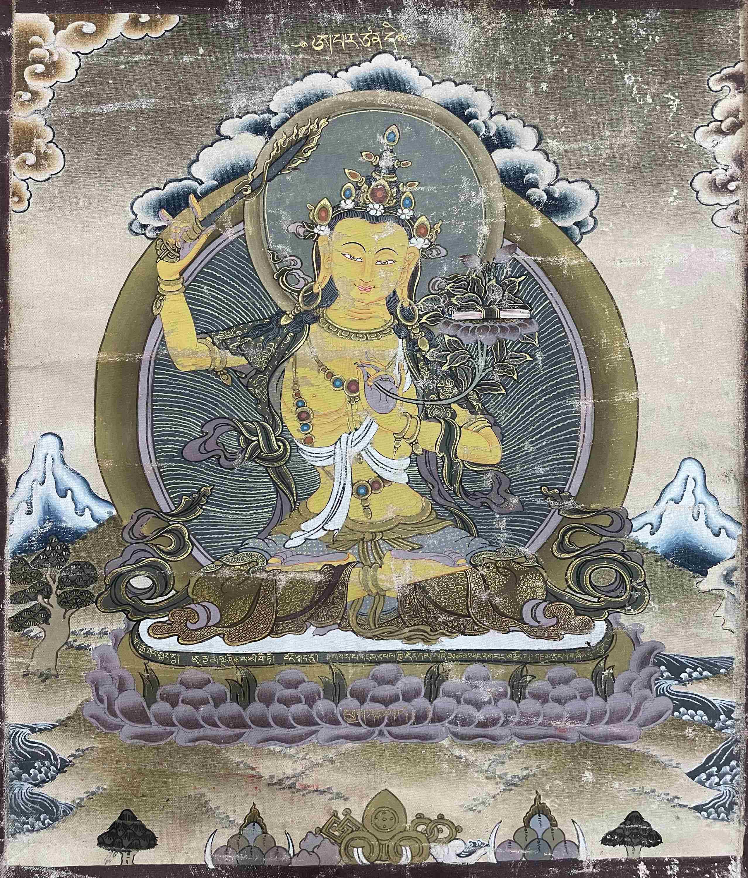 old, Buddhist Handmade Thangka Of Manjushri, hand Painted, Real Gold
