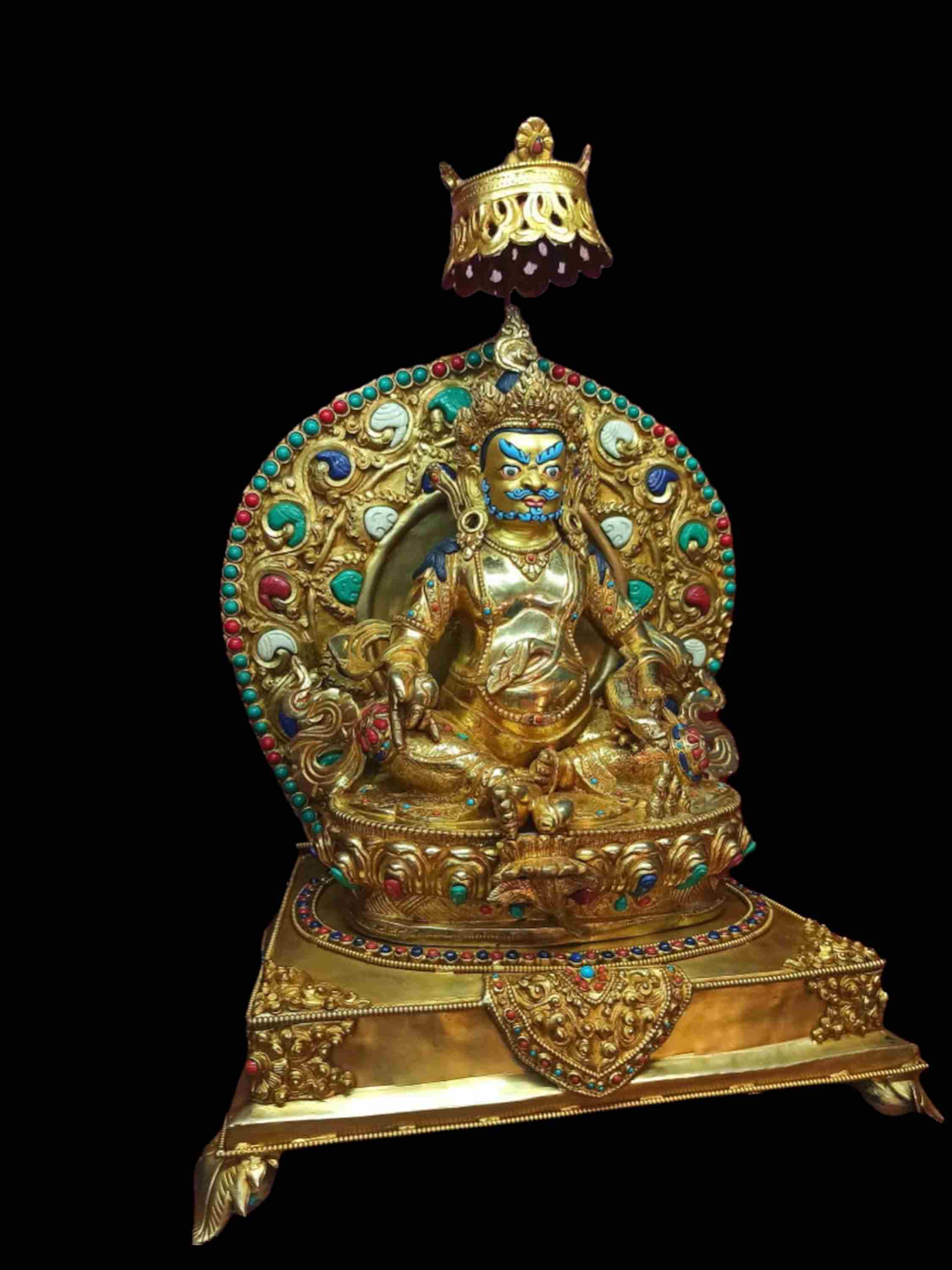 Buddhist Handmade Statue Of Yelllow Jambhala On Throne, full Gold Plated, Stone Setting, Face Painted