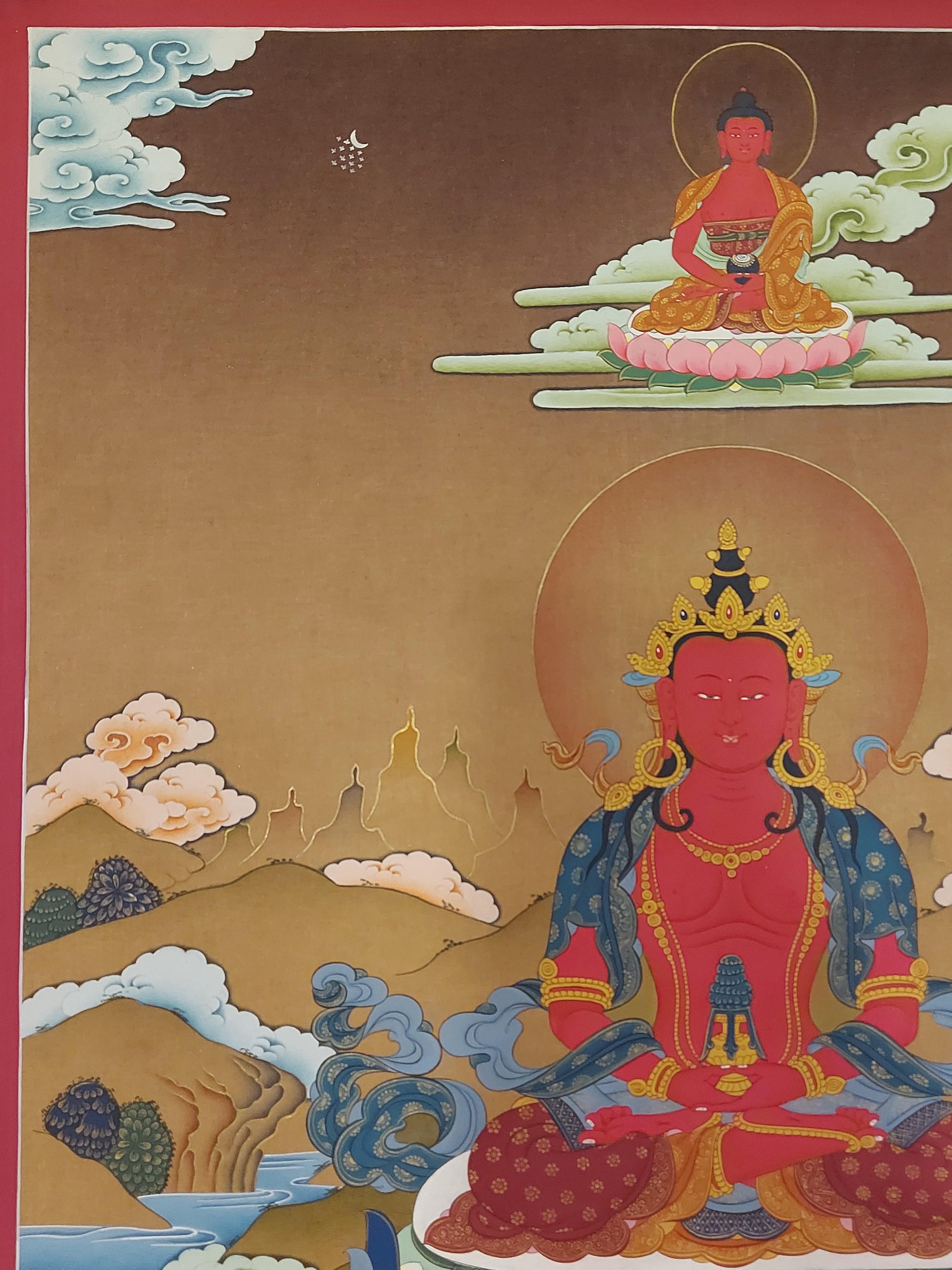 Buddhist karma Gadri Art, Handmade Thangka Of Aparimita - Amitayus - Chepame, hand Painted, Supported By White Tara And Namgyalma, Amitayus, Chepame