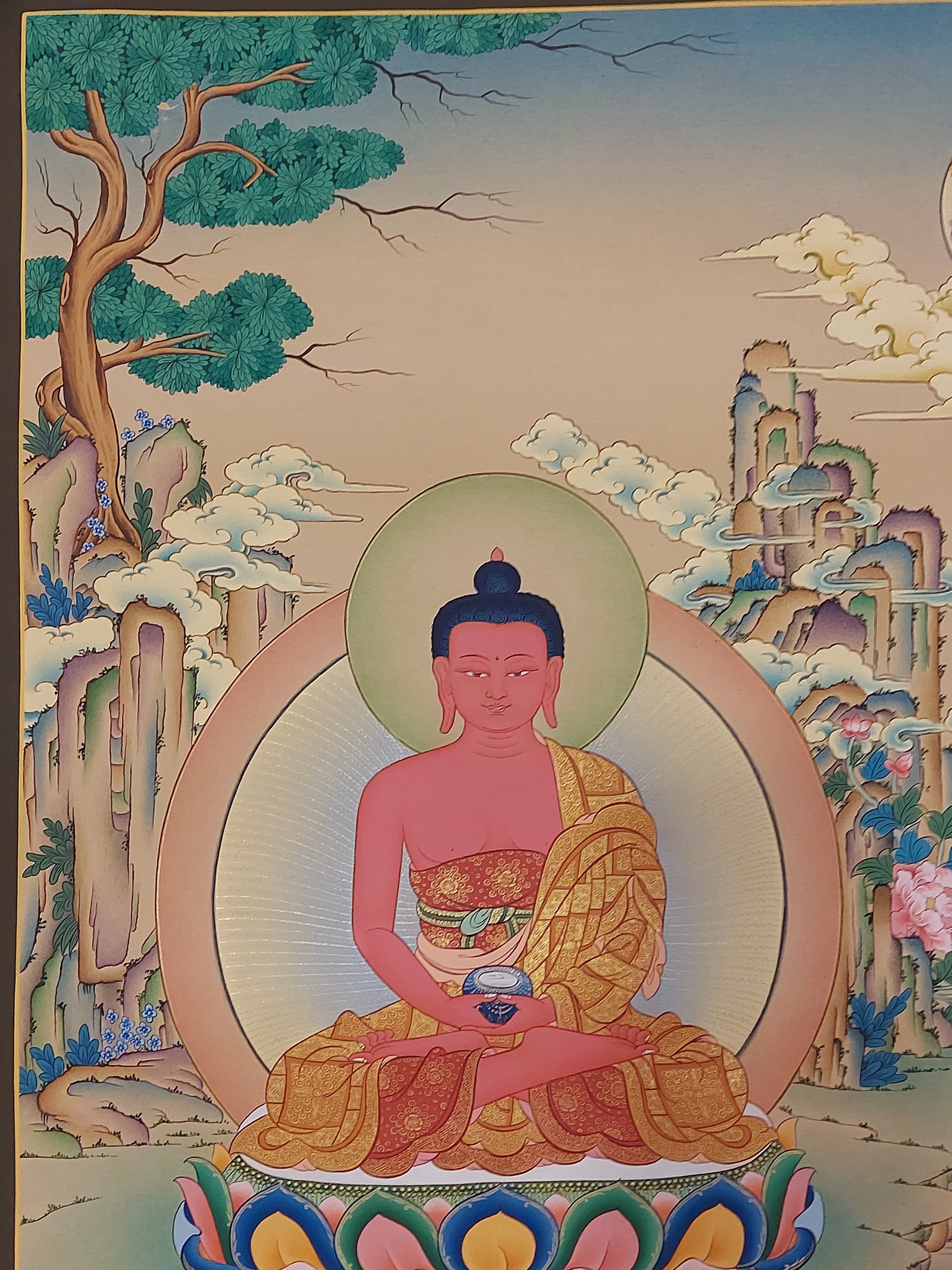 Buddhist karma Gadri Art, Handmade Thangka Of Amitabha Buddha, hand Painted, Supported By Manjushri And Vajrapani